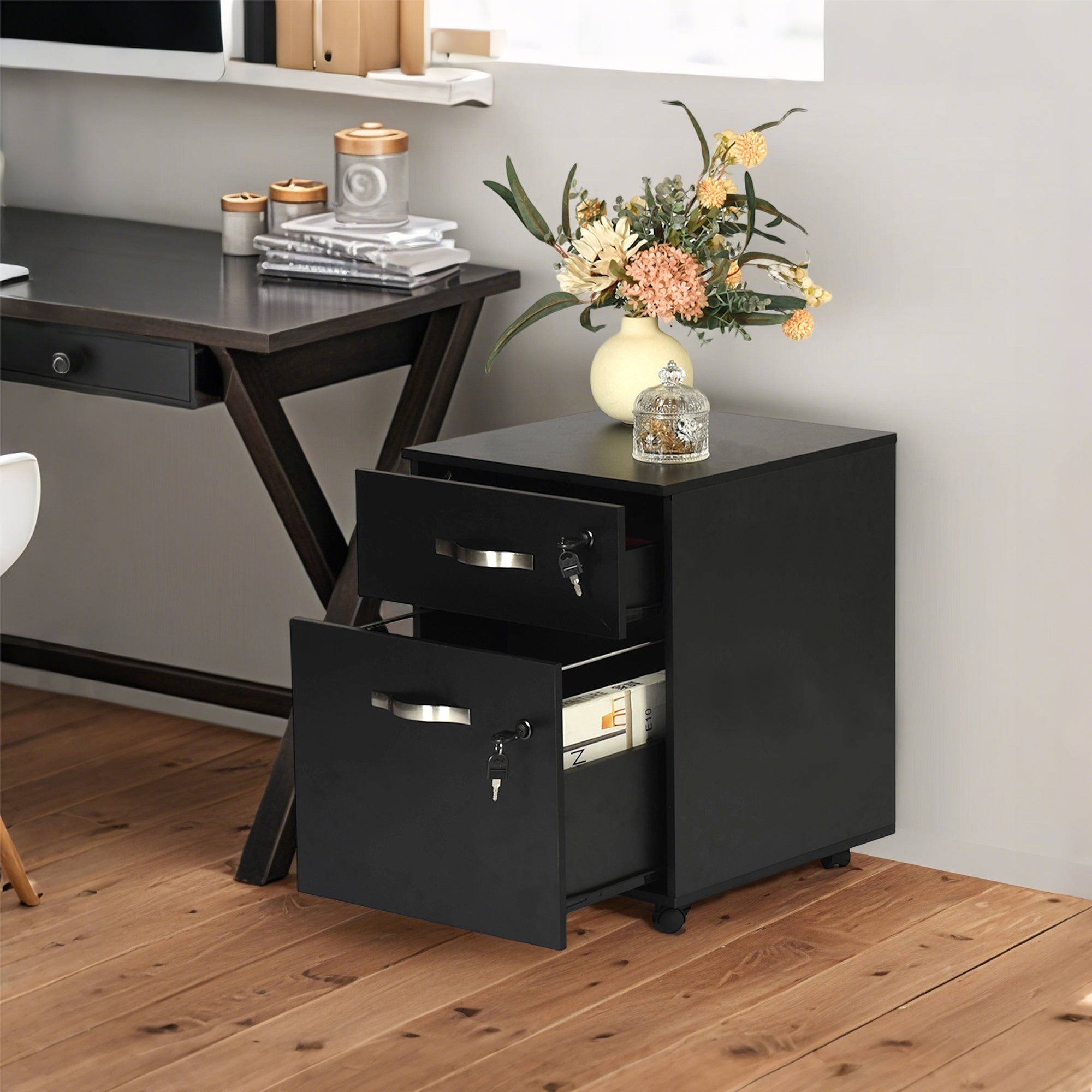 KASSADIN 2 Drawer Mobile File Cabinet, Locking Metal Filing Cabinet on Wheels for Home Office, Black Pedestal with Keys