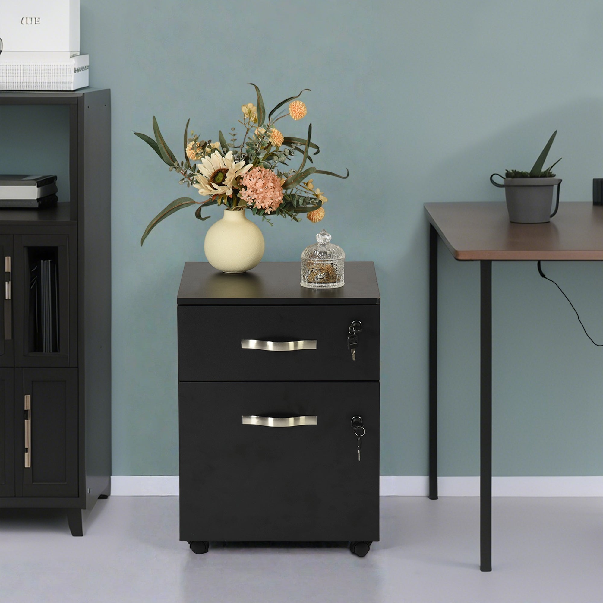KASSADIN 2 Drawer Mobile File Cabinet, Locking Metal Filing Cabinet on Wheels for Home Office, Black Pedestal with Keys