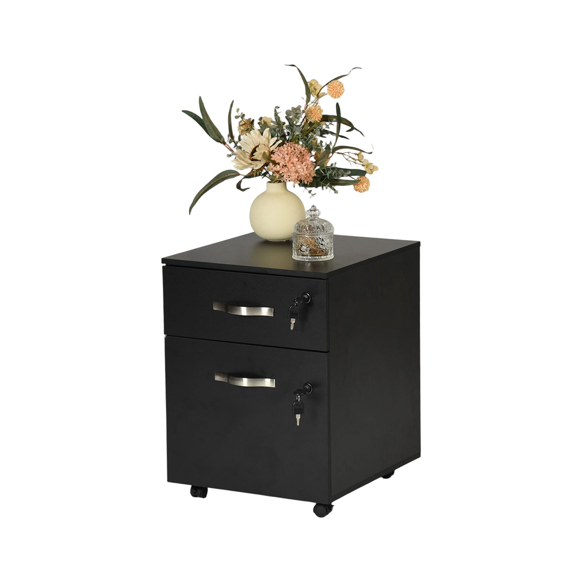 KASSADIN 2 Drawer Mobile File Cabinet, Locking Metal Filing Cabinet on Wheels for Home Office, Black Pedestal with Keys