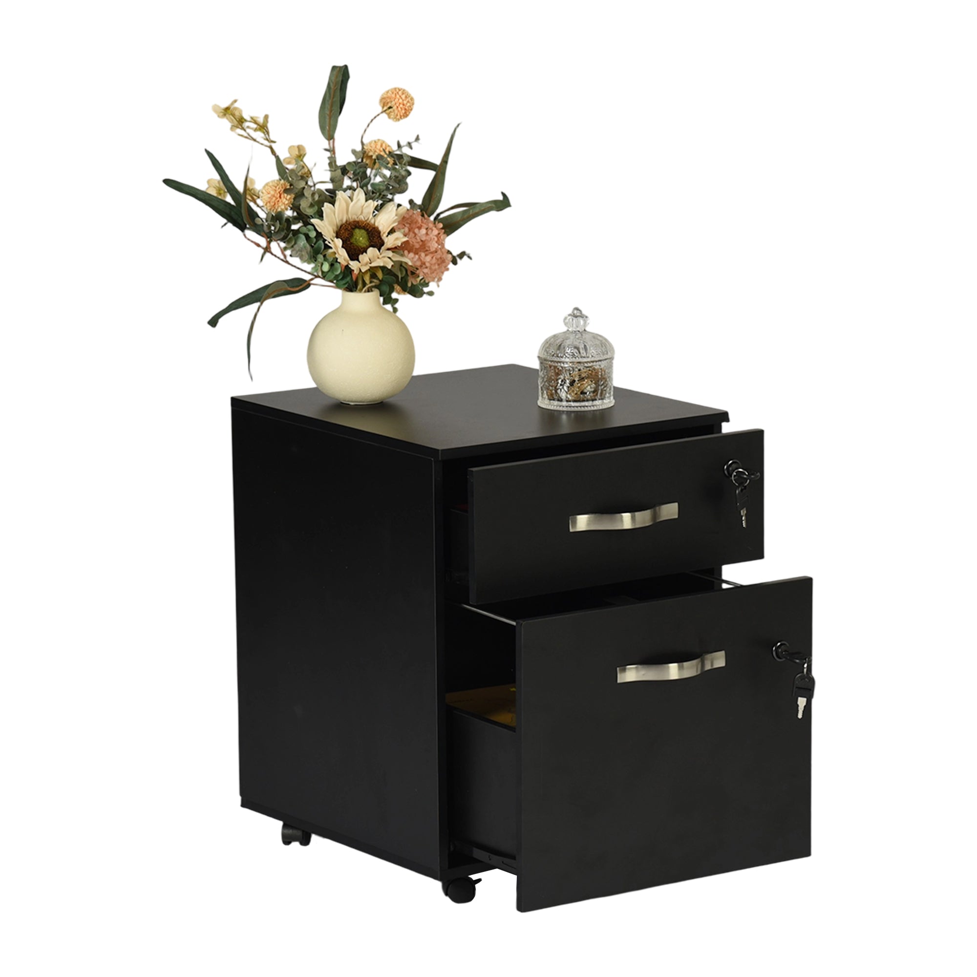 KASSADIN 2 Drawer Mobile File Cabinet, Locking Metal Filing Cabinet on Wheels for Home Office, Black Pedestal with Keys