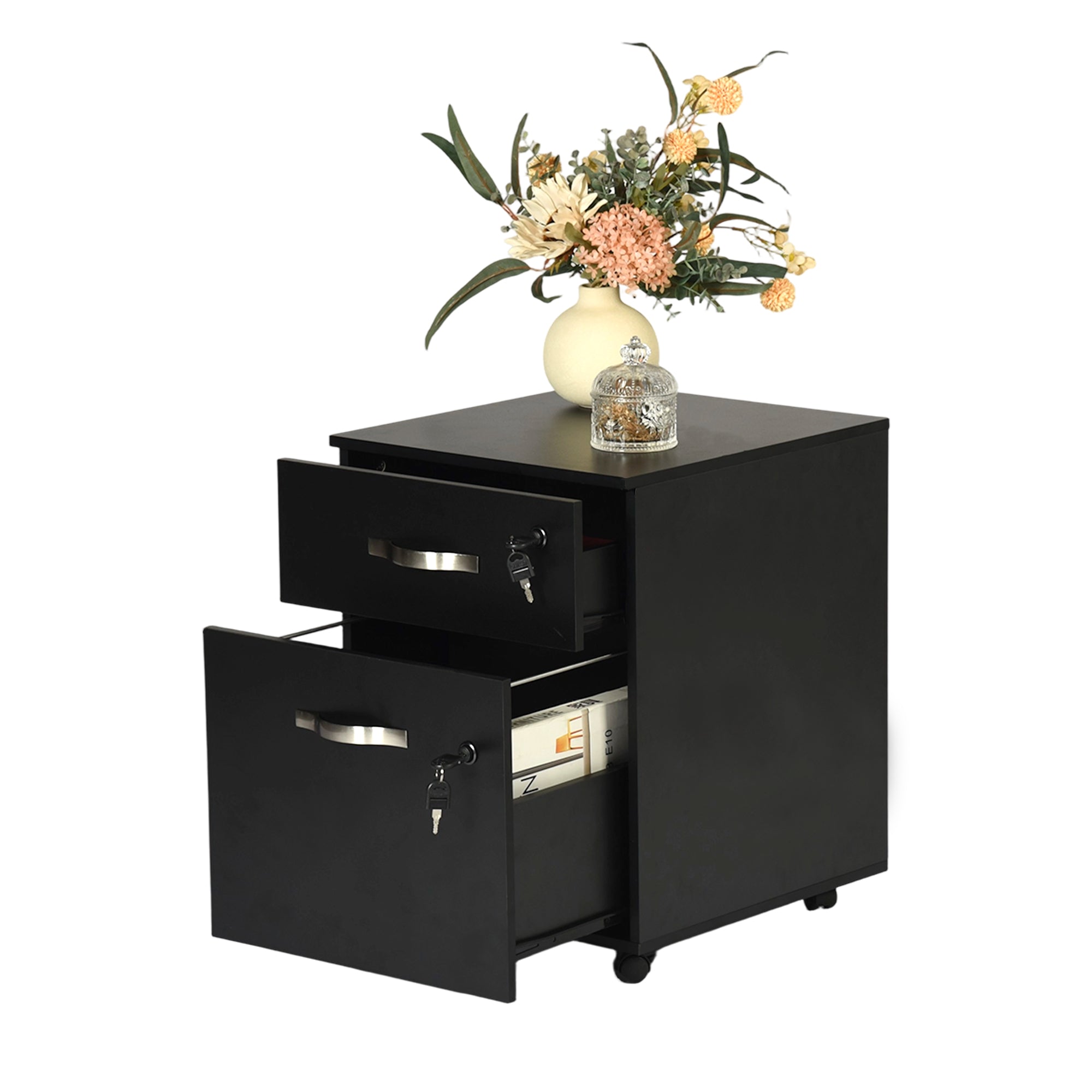 KASSADIN 2 Drawer Mobile File Cabinet, Locking Metal Filing Cabinet on Wheels for Home Office, Black Pedestal with Keys