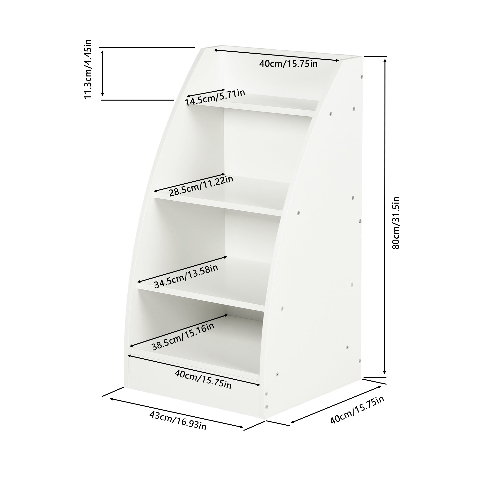 KENNEN 4 Tier Kids Bookcase White Curved Side Display Shelf for Playroom Nursery Bedroom