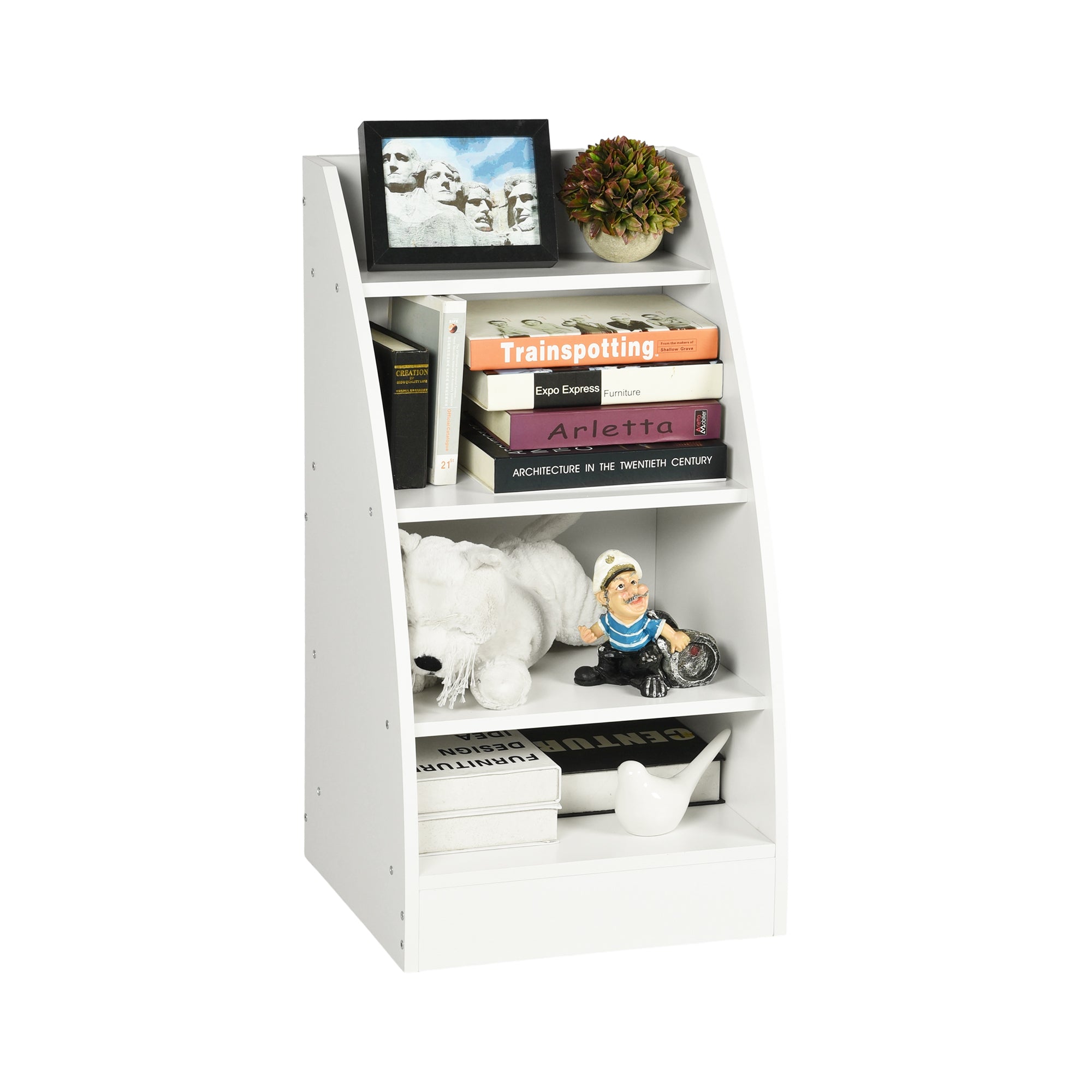 KENNEN 4 Tier Kids Bookcase White Curved Side Display Shelf for Playroom Nursery Bedroom