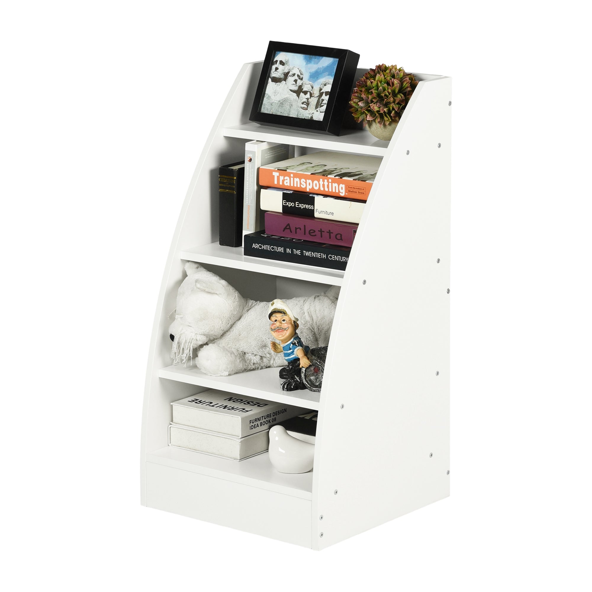 KENNEN 4 Tier Kids Bookcase White Curved Side Display Shelf for Playroom Nursery Bedroom