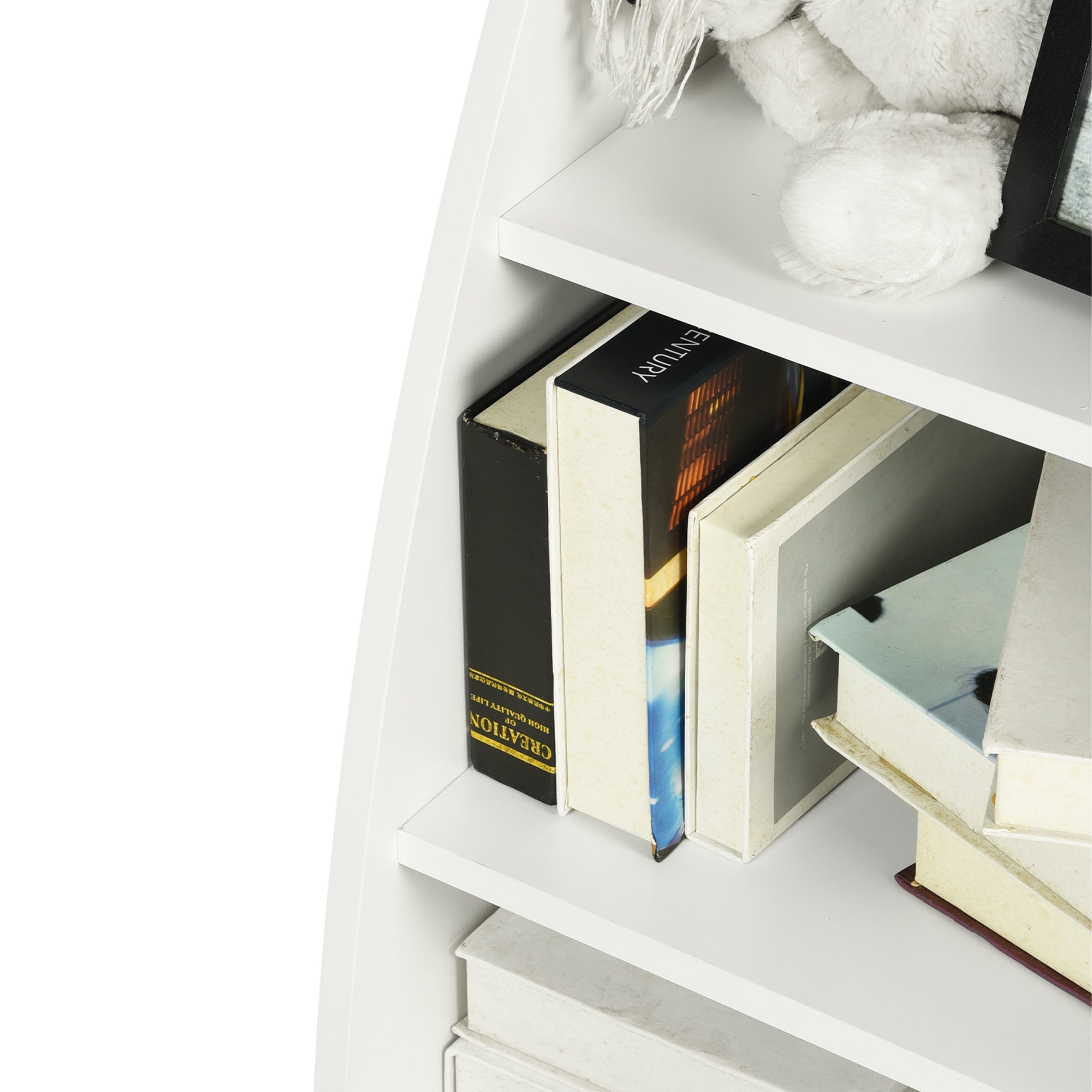 KENNEN 4 Tier Kids Bookcase White Curved Side Display Shelf for Playroom Nursery Bedroom