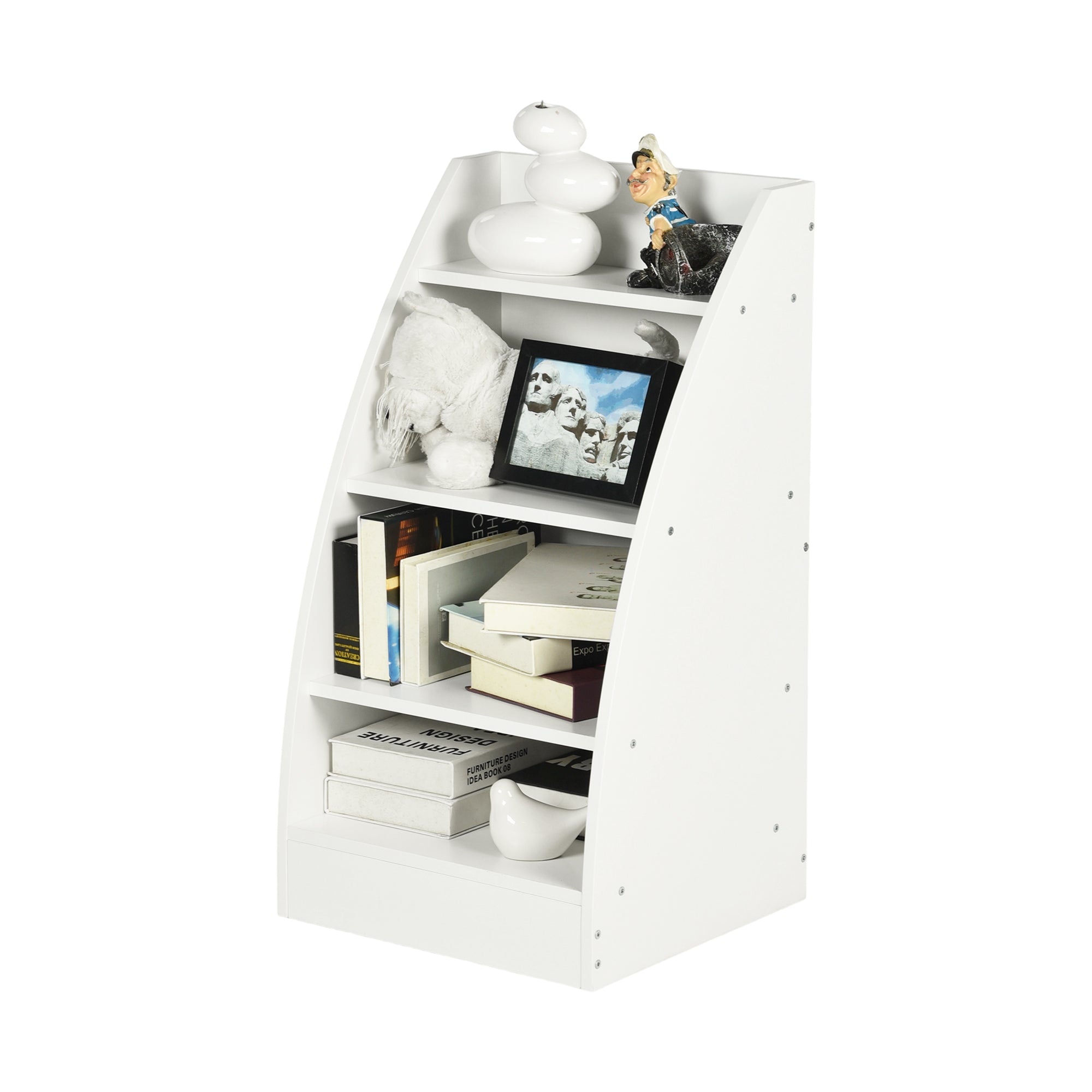 KENNEN 4 Tier Kids Bookcase White Curved Side Display Shelf for Playroom Nursery Bedroom