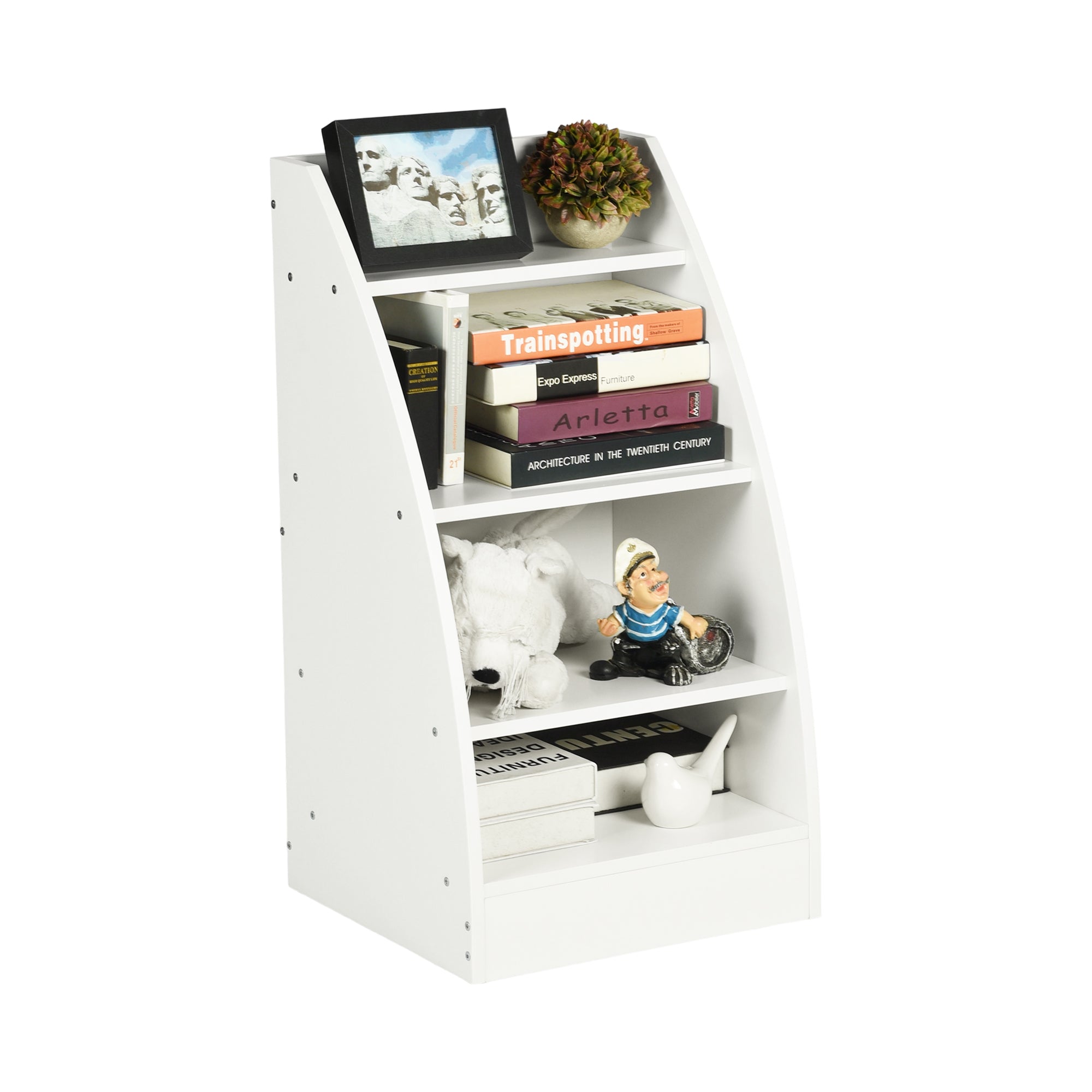 KENNEN 4 Tier Kids Bookcase White Curved Side Display Shelf for Playroom Nursery Bedroom