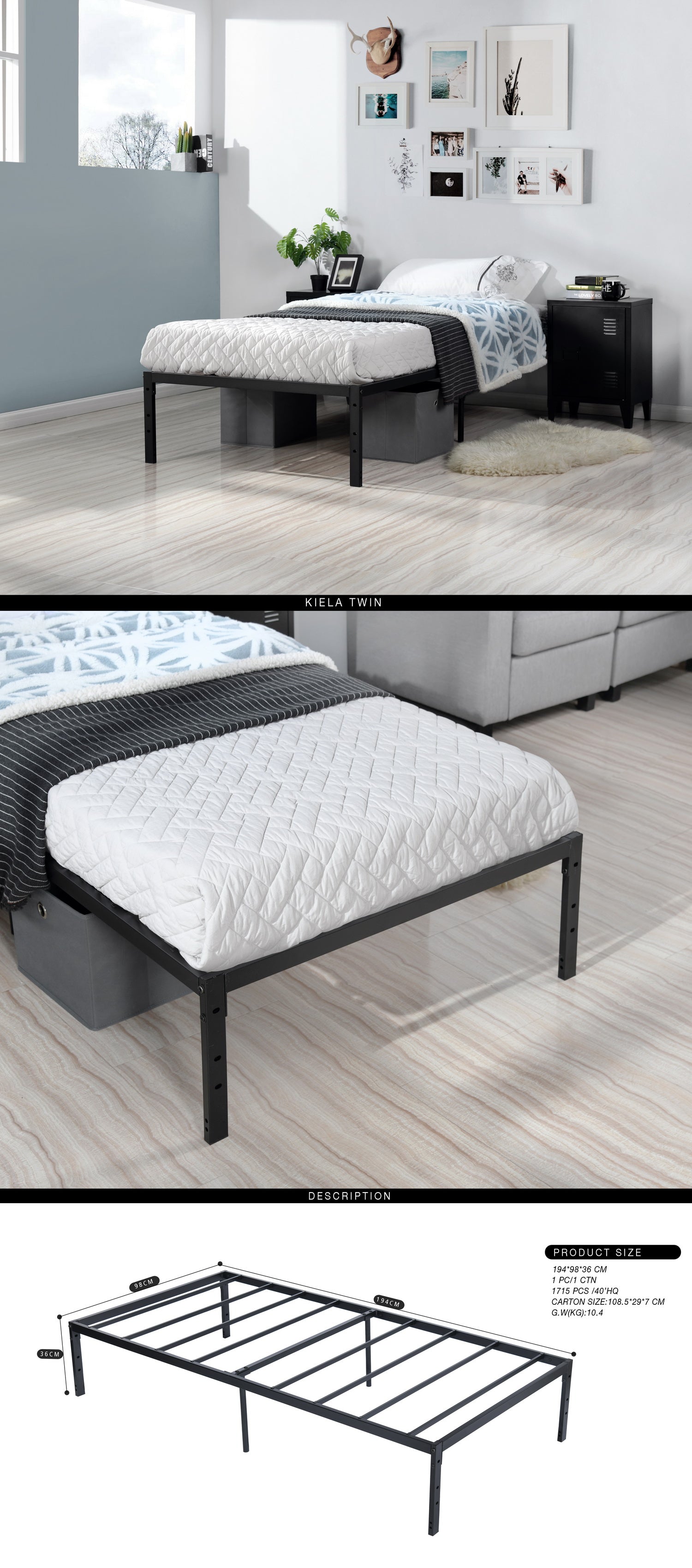 KIELA Twin Metal Platform Bed Frame with Steel Slats Center Support No Box Spring Black