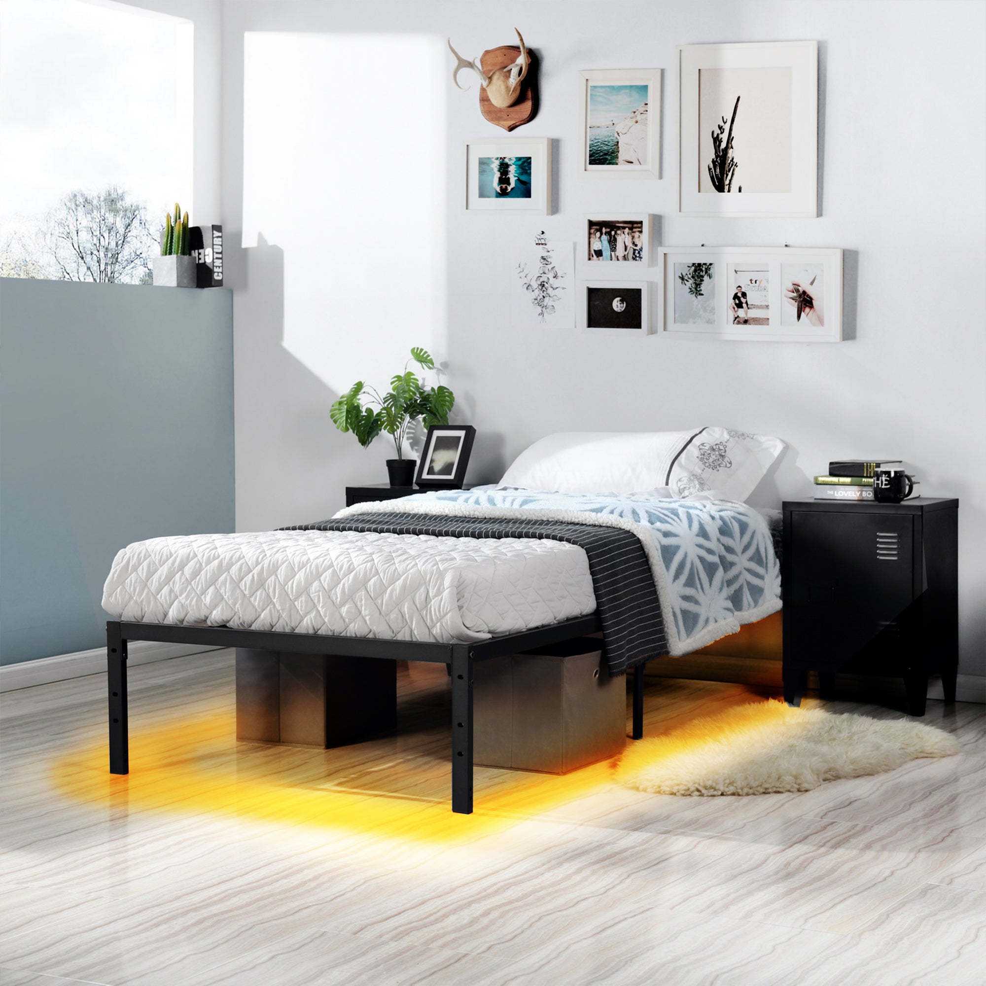 KIELA Twin Metal Platform Bed Frame with Steel Slats Center Support No Box Spring Black