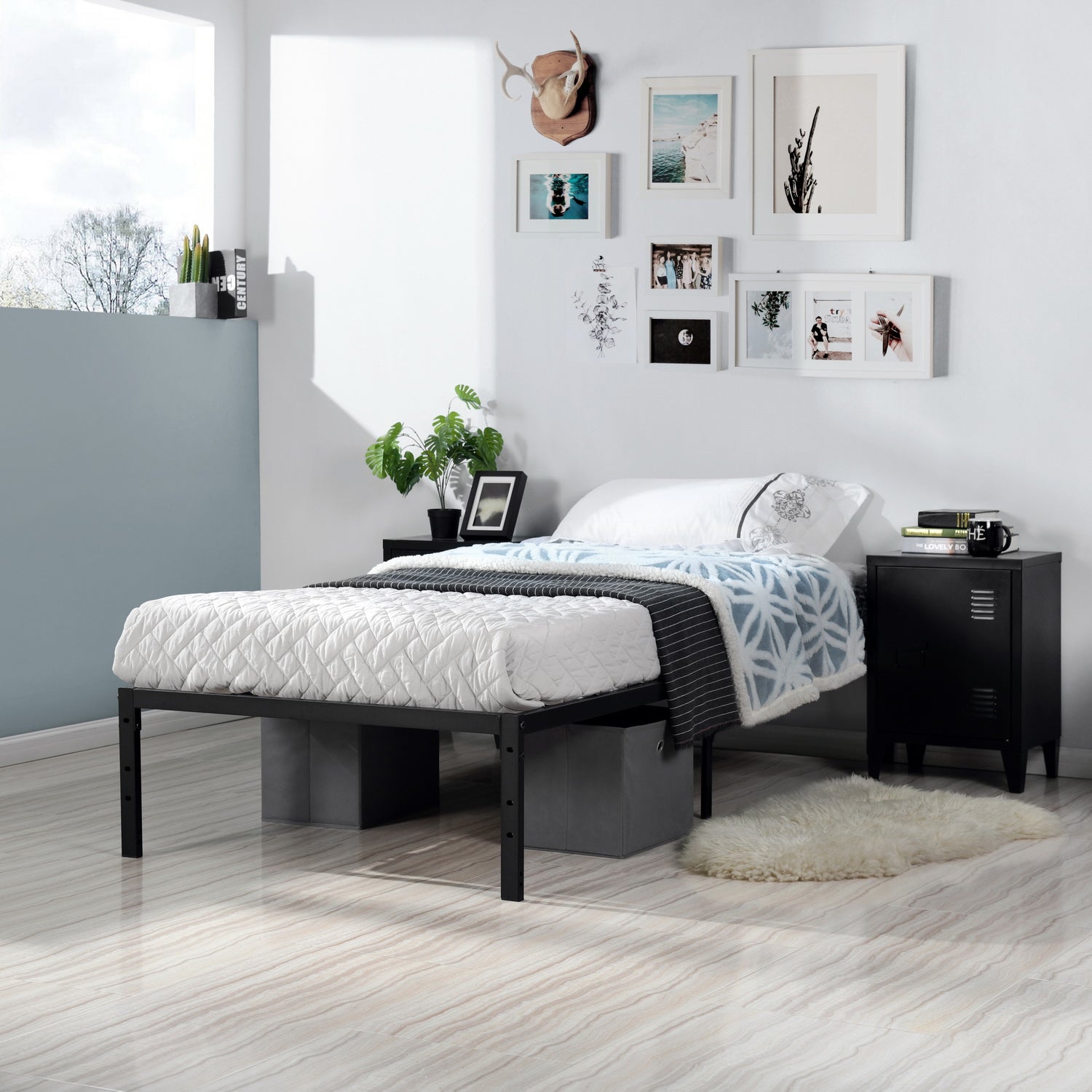 KIELA Twin Metal Platform Bed Frame with Steel Slats Center Support No Box Spring Black