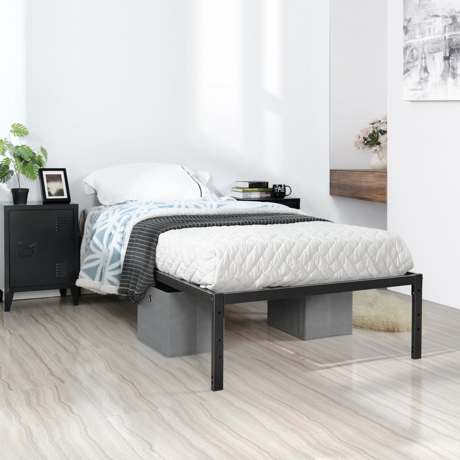 KIELA Twin Metal Platform Bed Frame with Steel Slats Center Support No Box Spring Black