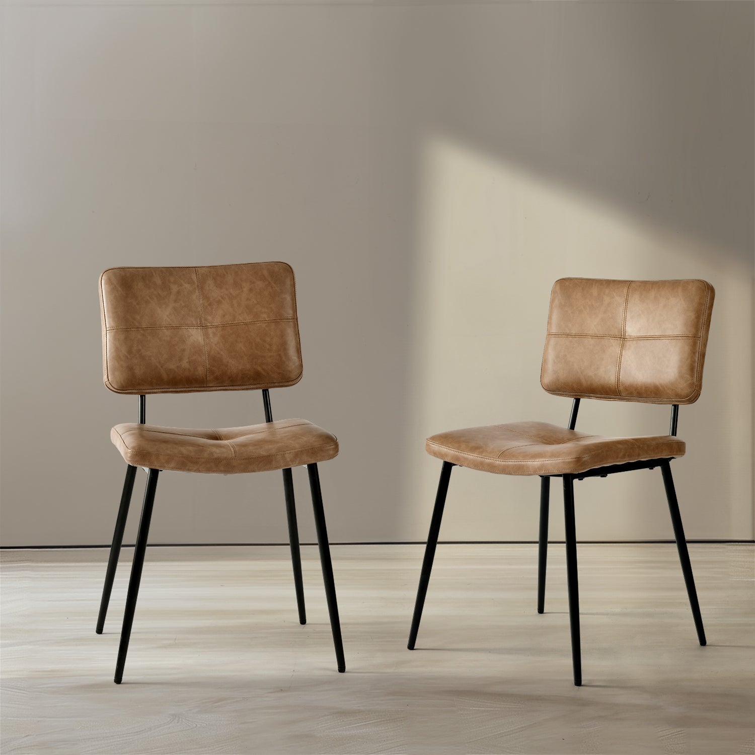 KOM Modern PU Dining Chairs Set of 2, Black Metal Legs, Cognac