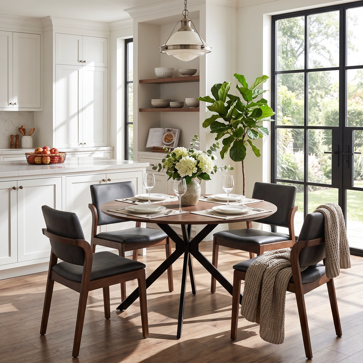 Kova 47" Round Dining Table with Textured Wood-Grain Top and Angled Metal Base