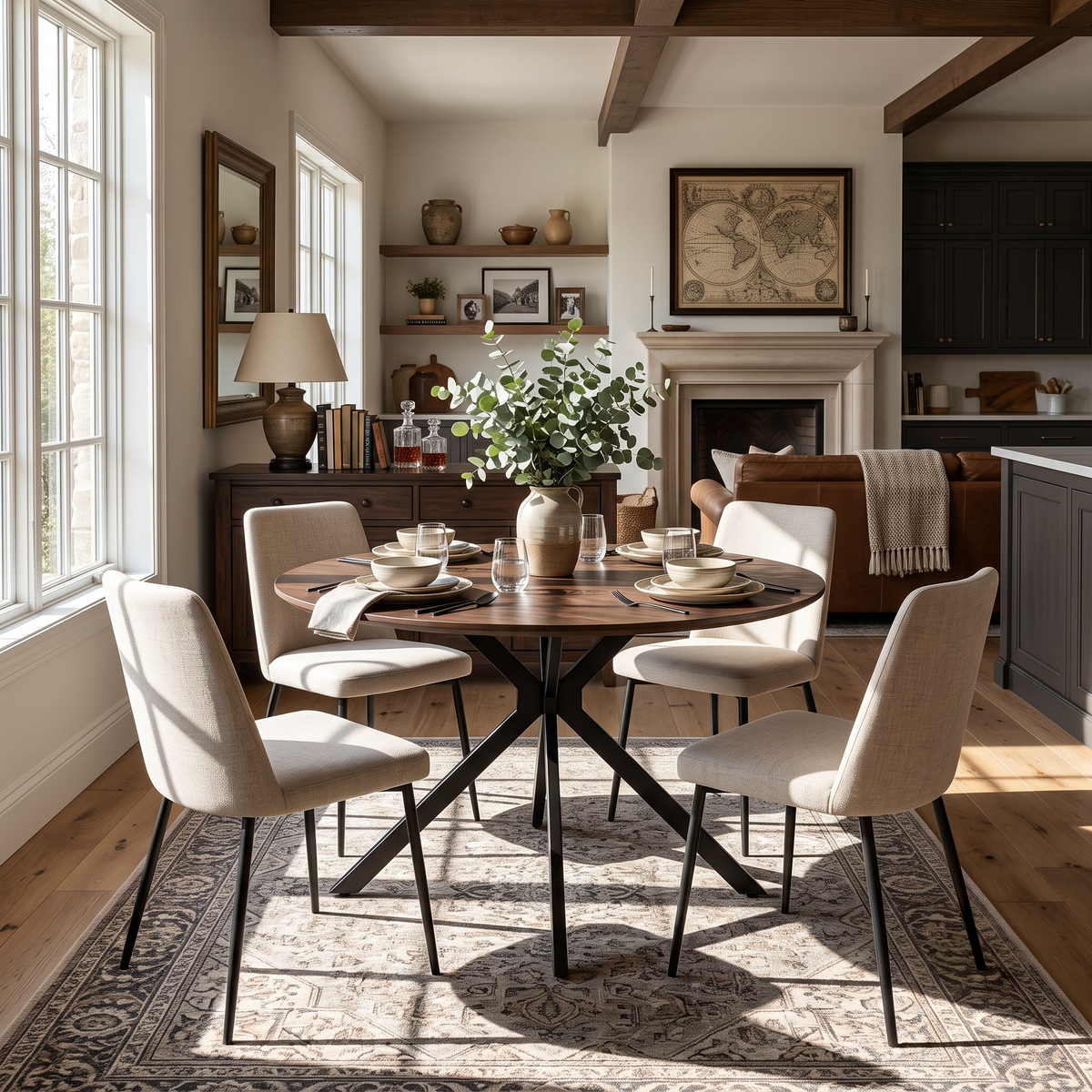 Kova 47" Round Dining Table with Textured Wood-Grain Top and Angled Metal Base