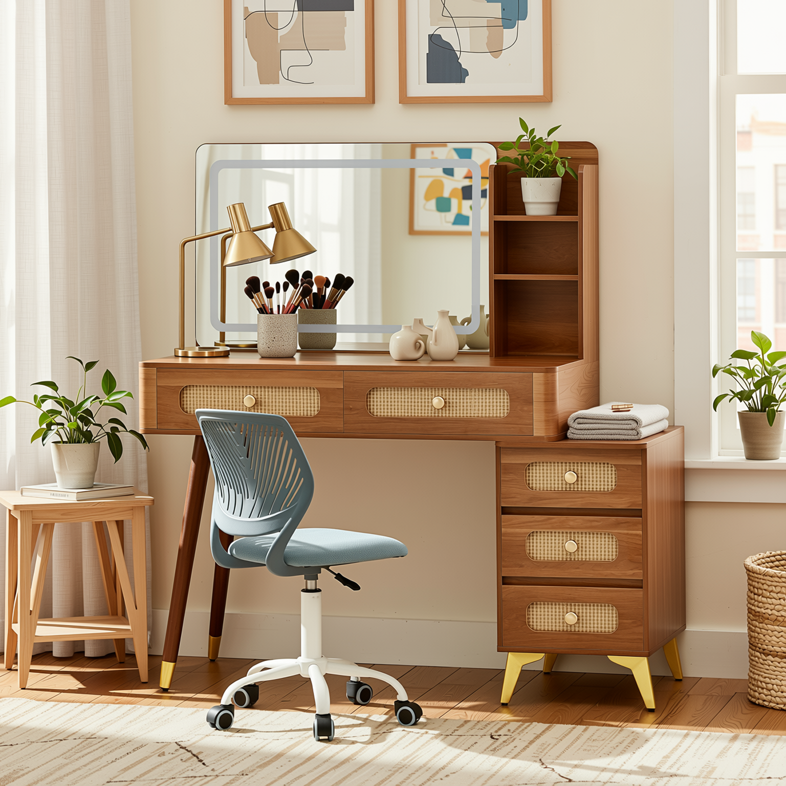Homy Casa Kalma+Carnation Vanity Desk and Chair 2PC Bedroom Vanity Set with Lighted Mirror, 5 Drawers, Storage Shelf & Rattan Design in Walnut and Blue