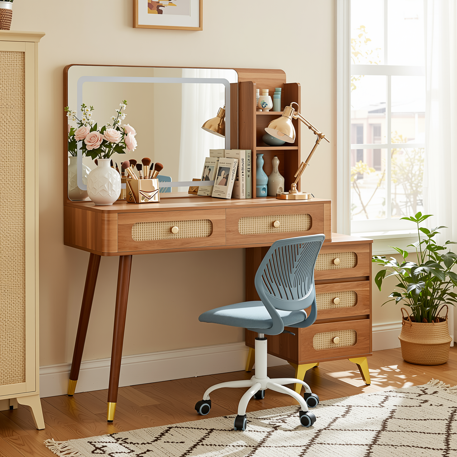 Homy Casa Kalma+Carnation Vanity Desk and Chair 2PC Bedroom Vanity Set with Lighted Mirror, 5 Drawers, Storage Shelf & Rattan Design in Walnut and Blue