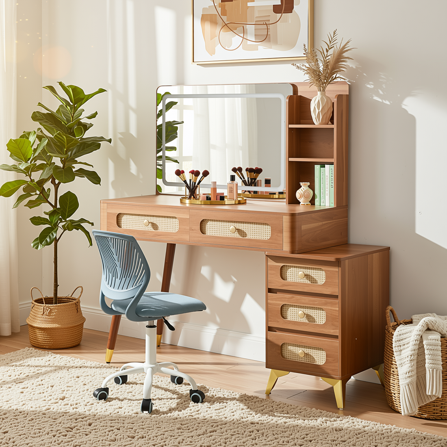 Homy Casa Kalma+Carnation Vanity Desk and Chair 2PC Bedroom Vanity Set with Lighted Mirror, 5 Drawers, Storage Shelf & Rattan Design in Walnut and Blue