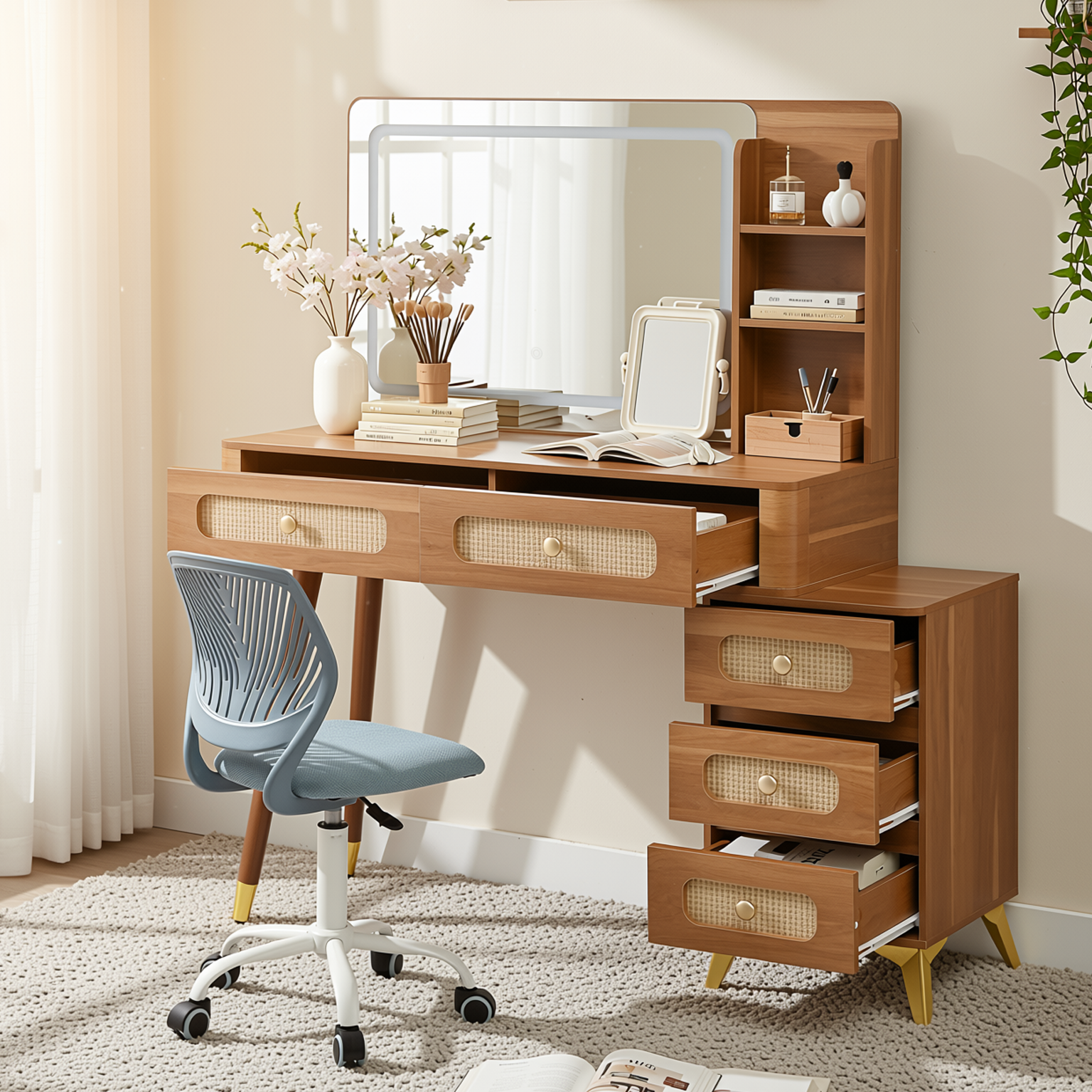 Homy Casa Kalma+Carnation Vanity Desk and Chair 2PC Bedroom Vanity Set with Lighted Mirror, 5 Drawers, Storage Shelf & Rattan Design in Walnut and Blue