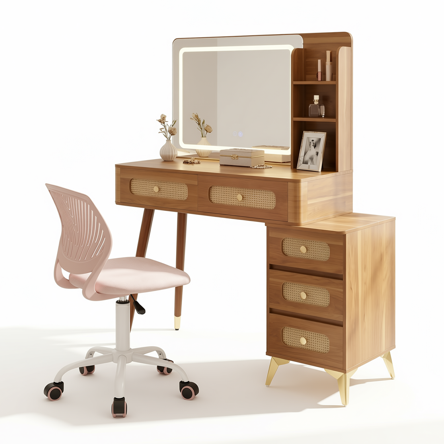 Kalmar 47" Vintage Walnut Vanity Desk with 5 Drawers and Lighted Mirror