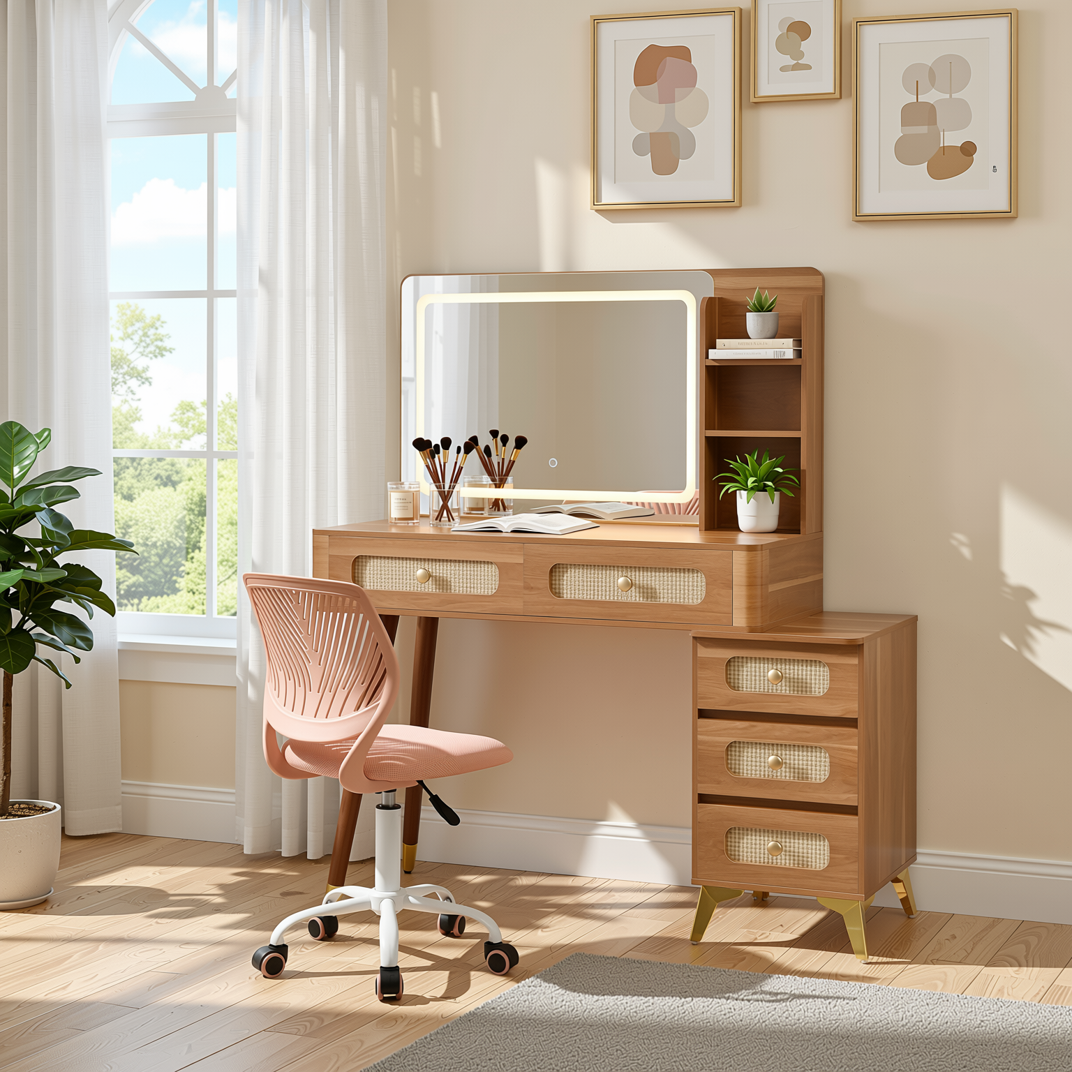 Homy Casa Kalmar 2PC Vanity Set 47” Vintage Walnut Makeup Vanity Desk with 5 Drawers, Lighted Mirror & Carnation Morandi Pink Swivel Chair