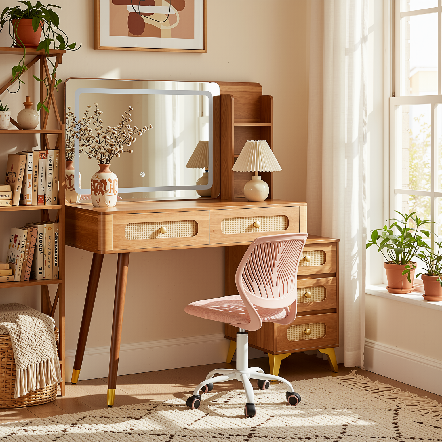 Homy Casa Kalmar 2PC Vanity Set 47” Vintage Walnut Makeup Vanity Desk with 5 Drawers, Lighted Mirror & Carnation Morandi Pink Swivel Chair