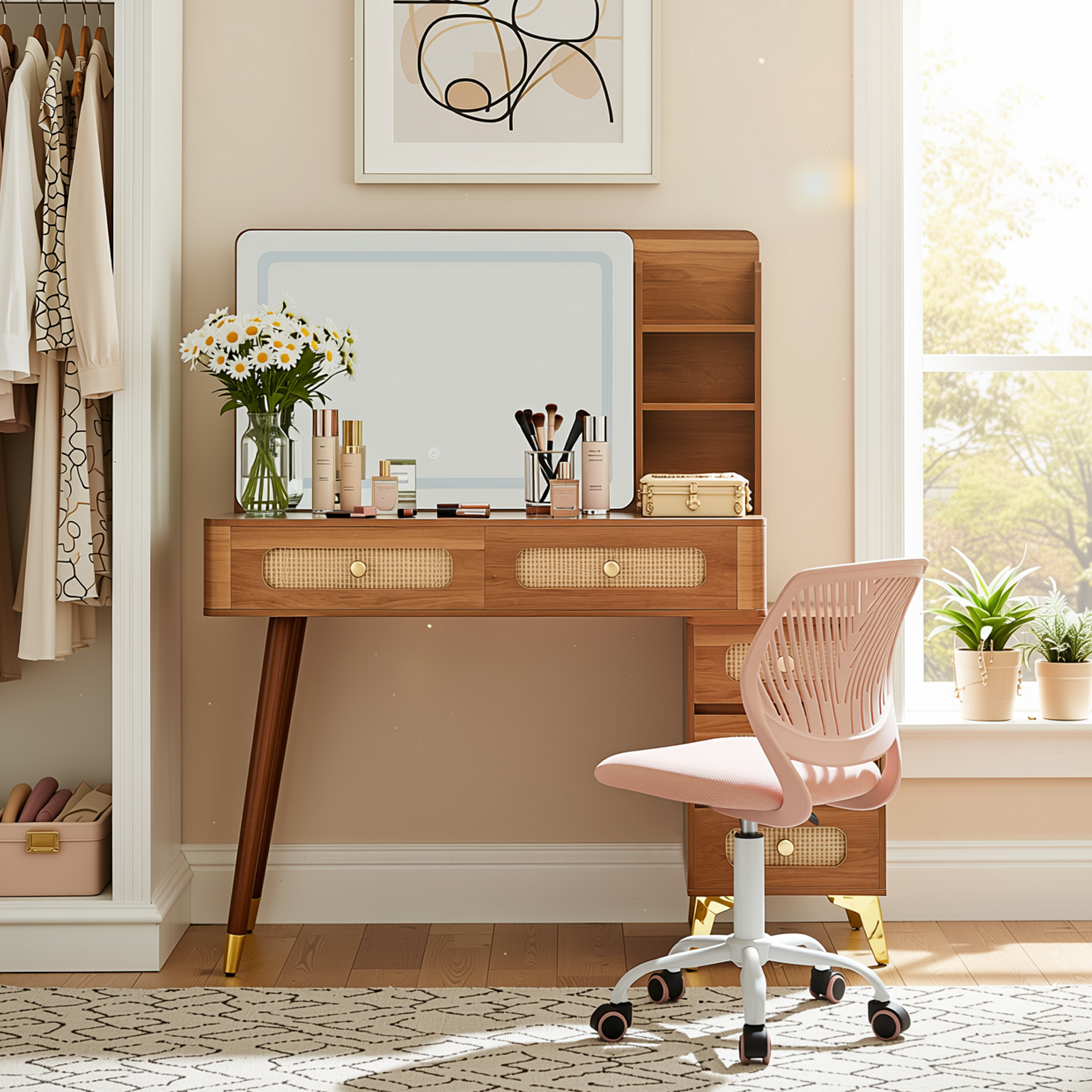 Homy Casa Kalmar 2PC Vanity Set 47” Vintage Walnut Makeup Vanity Desk with 5 Drawers, Lighted Mirror & Carnation Morandi Pink Swivel Chair