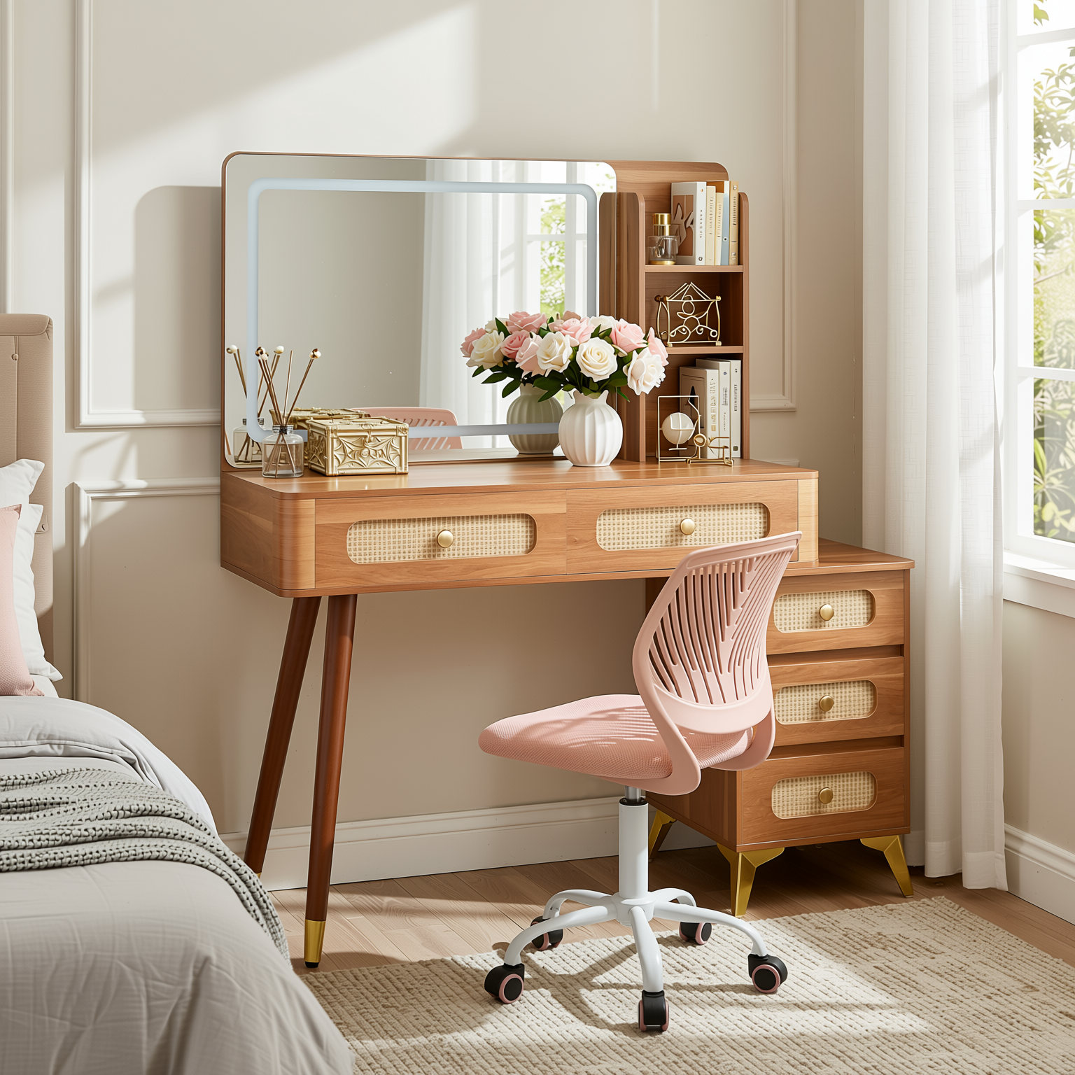Homy Casa Kalmar 2PC Vanity Set 47” Vintage Walnut Makeup Vanity Desk with 5 Drawers, Lighted Mirror & Carnation Morandi Pink Swivel Chair