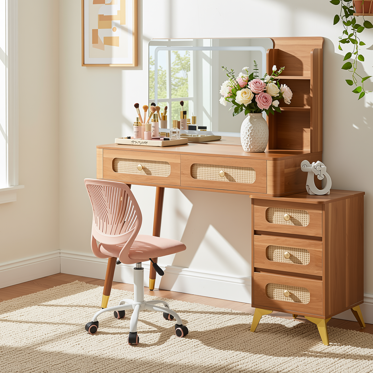 Homy Casa Kalmar 2PC Vanity Set 47” Vintage Walnut Makeup Vanity Desk with 5 Drawers, Lighted Mirror & Carnation Morandi Pink Swivel Chair