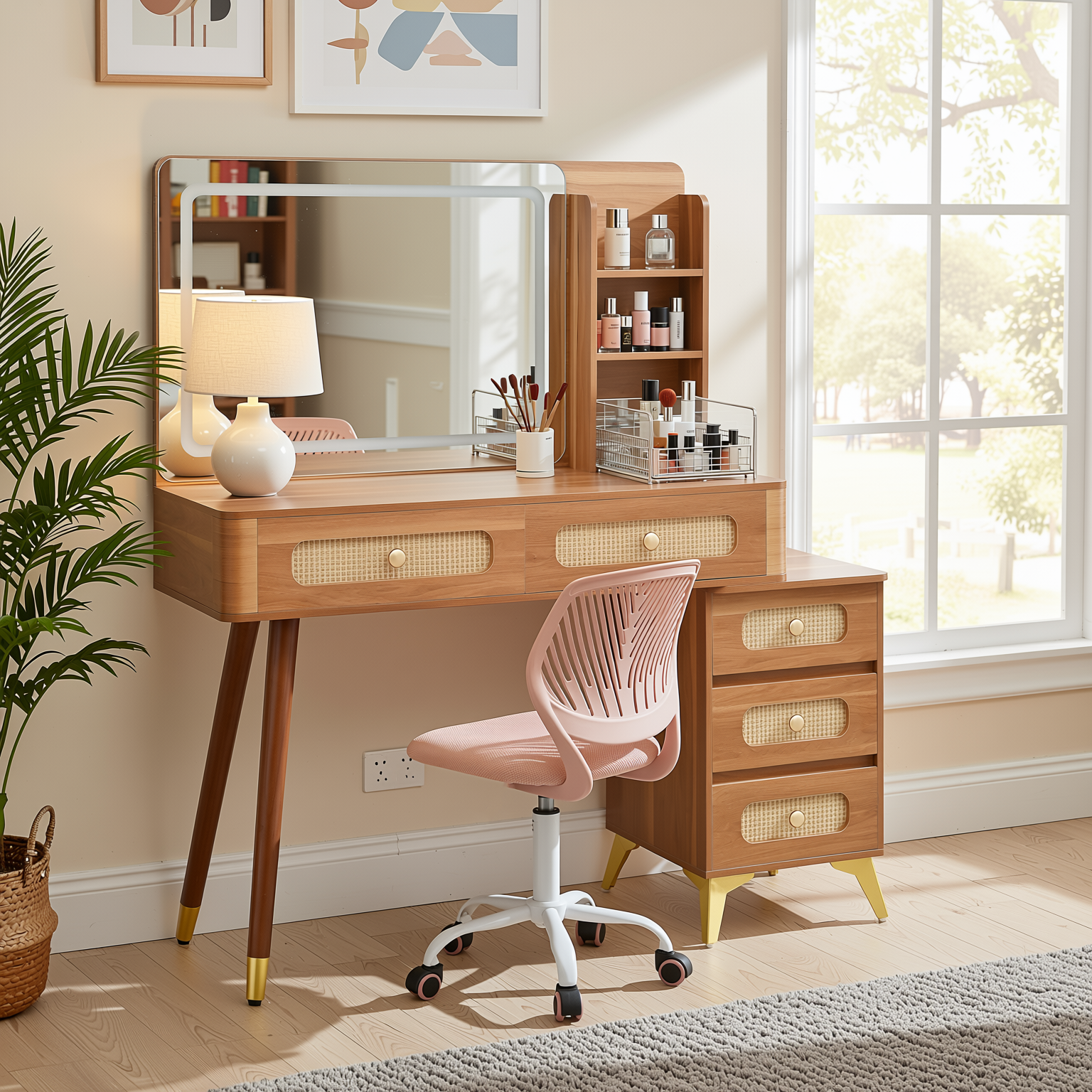 Homy Casa Kalmar 2PC Vanity Set 47” Vintage Walnut Makeup Vanity Desk with 5 Drawers, Lighted Mirror & Carnation Morandi Pink Swivel Chair