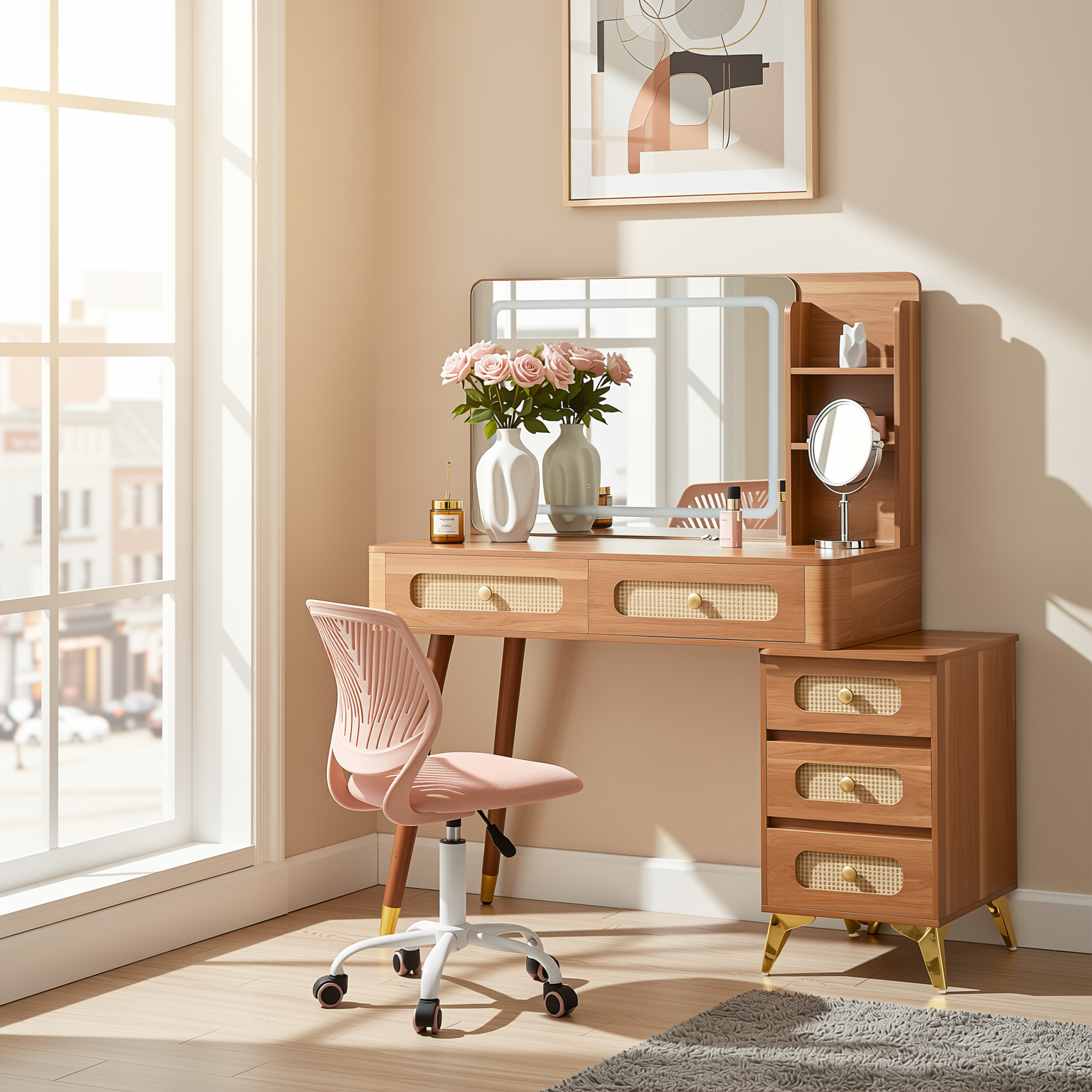 Homy Casa Kalmar 2PC Vanity Set 47” Vintage Walnut Makeup Vanity Desk with 5 Drawers, Lighted Mirror & Carnation Morandi Pink Swivel Chair