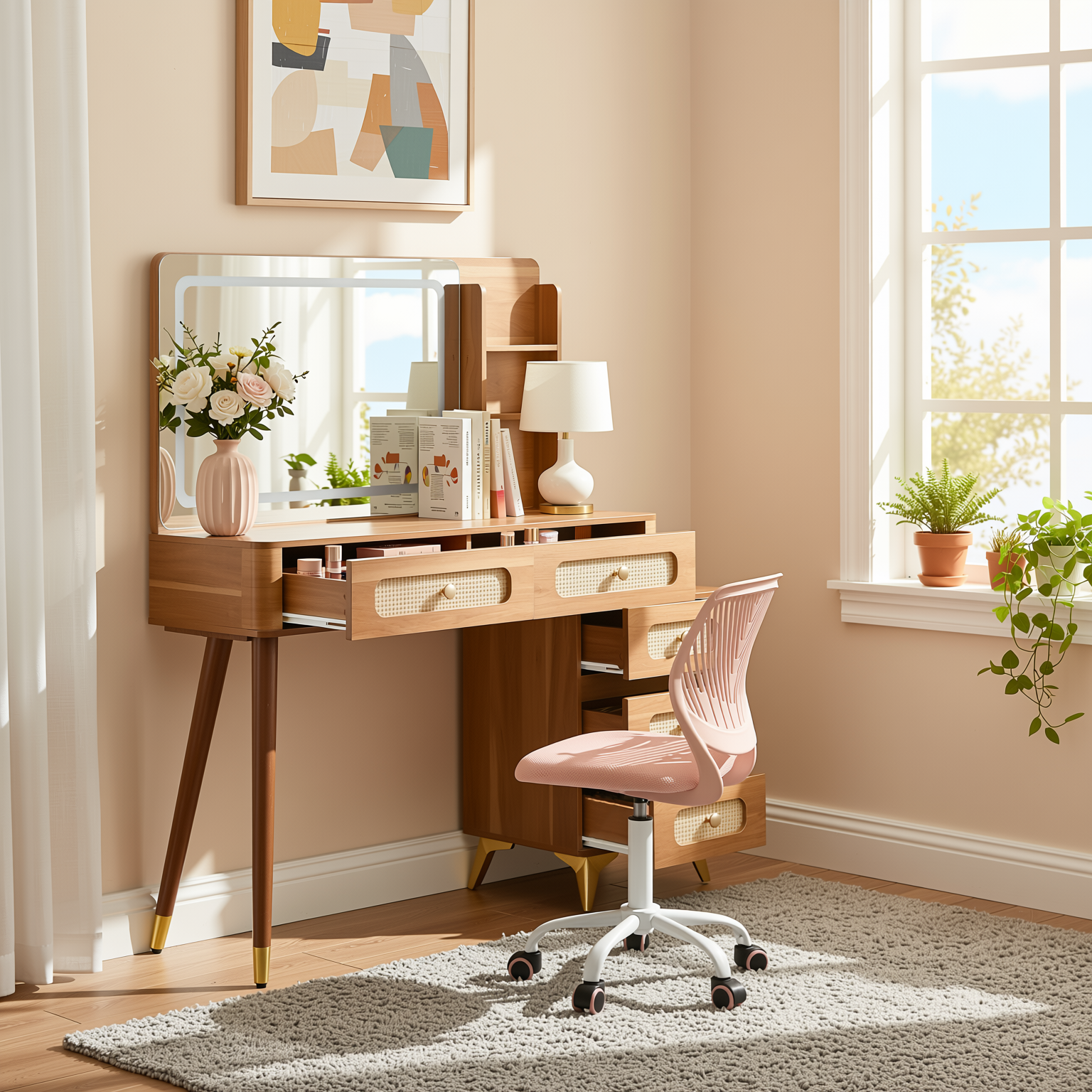 Homy Casa Kalmar 2PC Vanity Set 47” Vintage Walnut Makeup Vanity Desk with 5 Drawers, Lighted Mirror & Carnation Morandi Pink Swivel Chair