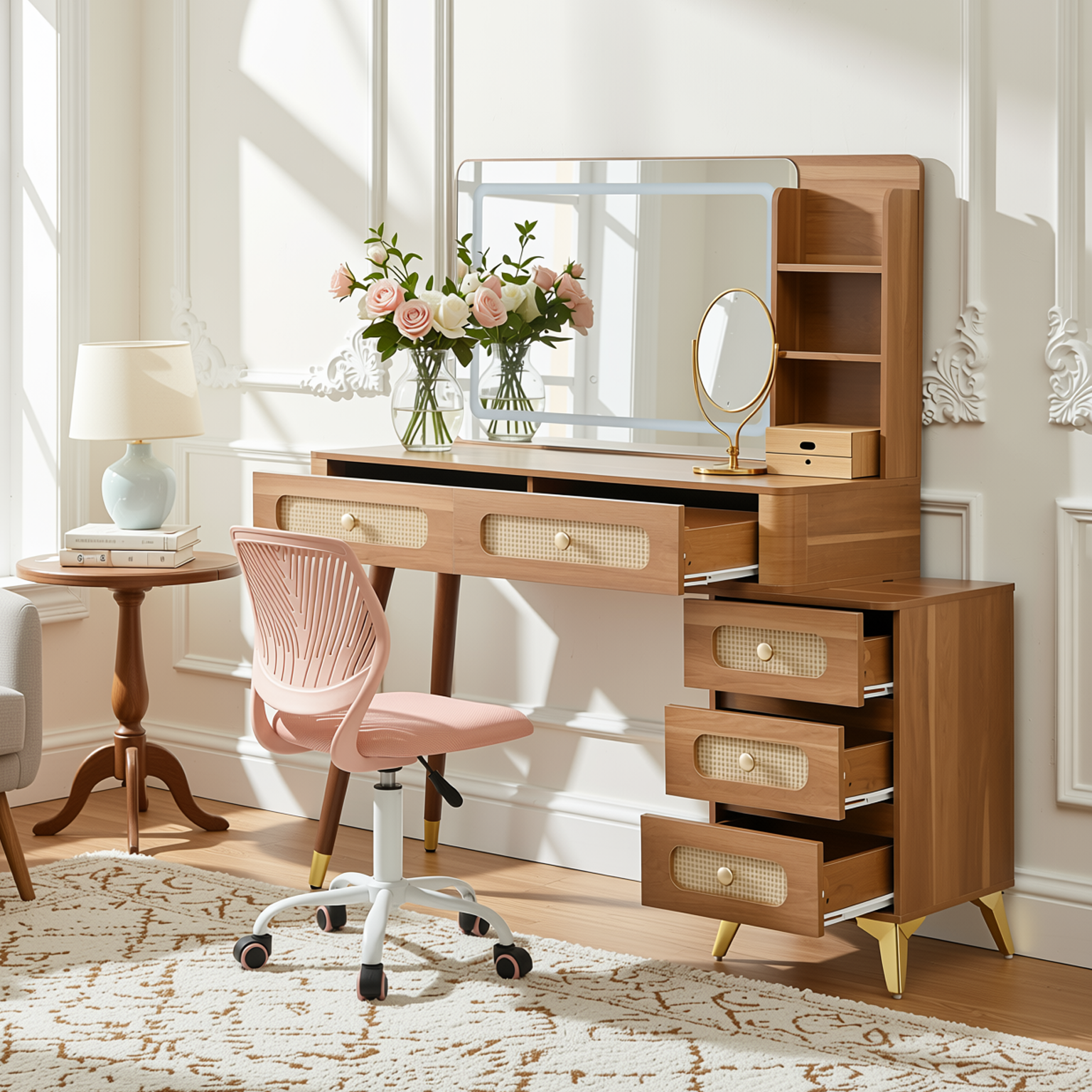 Homy Casa Kalmar 2PC Vanity Set 47” Vintage Walnut Makeup Vanity Desk with 5 Drawers, Lighted Mirror & Carnation Morandi Pink Swivel Chair