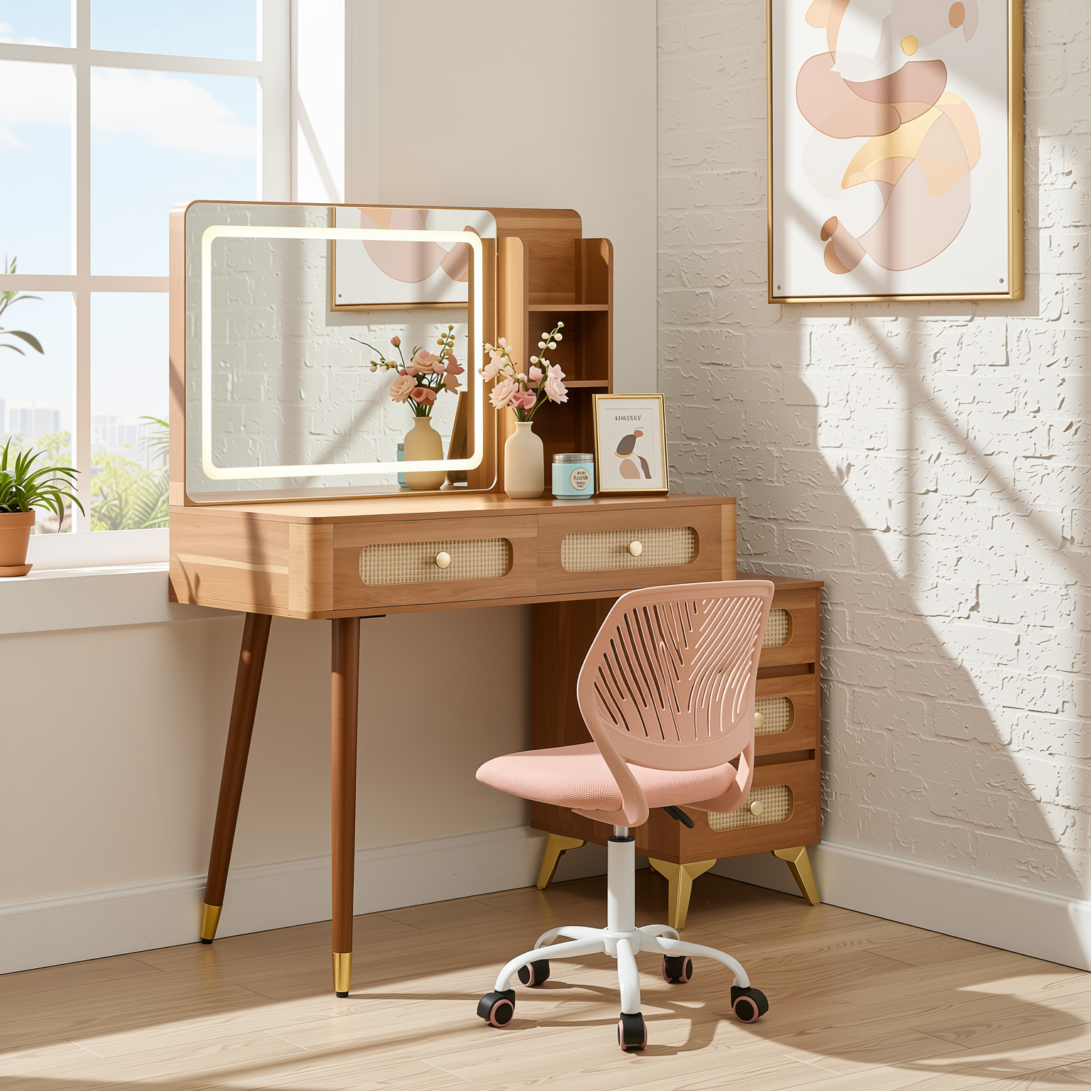 Homy Casa Kalmar 2PC Vanity Set 47” Vintage Walnut Makeup Vanity Desk with 5 Drawers, Lighted Mirror & Carnation Morandi Pink Swivel Chair