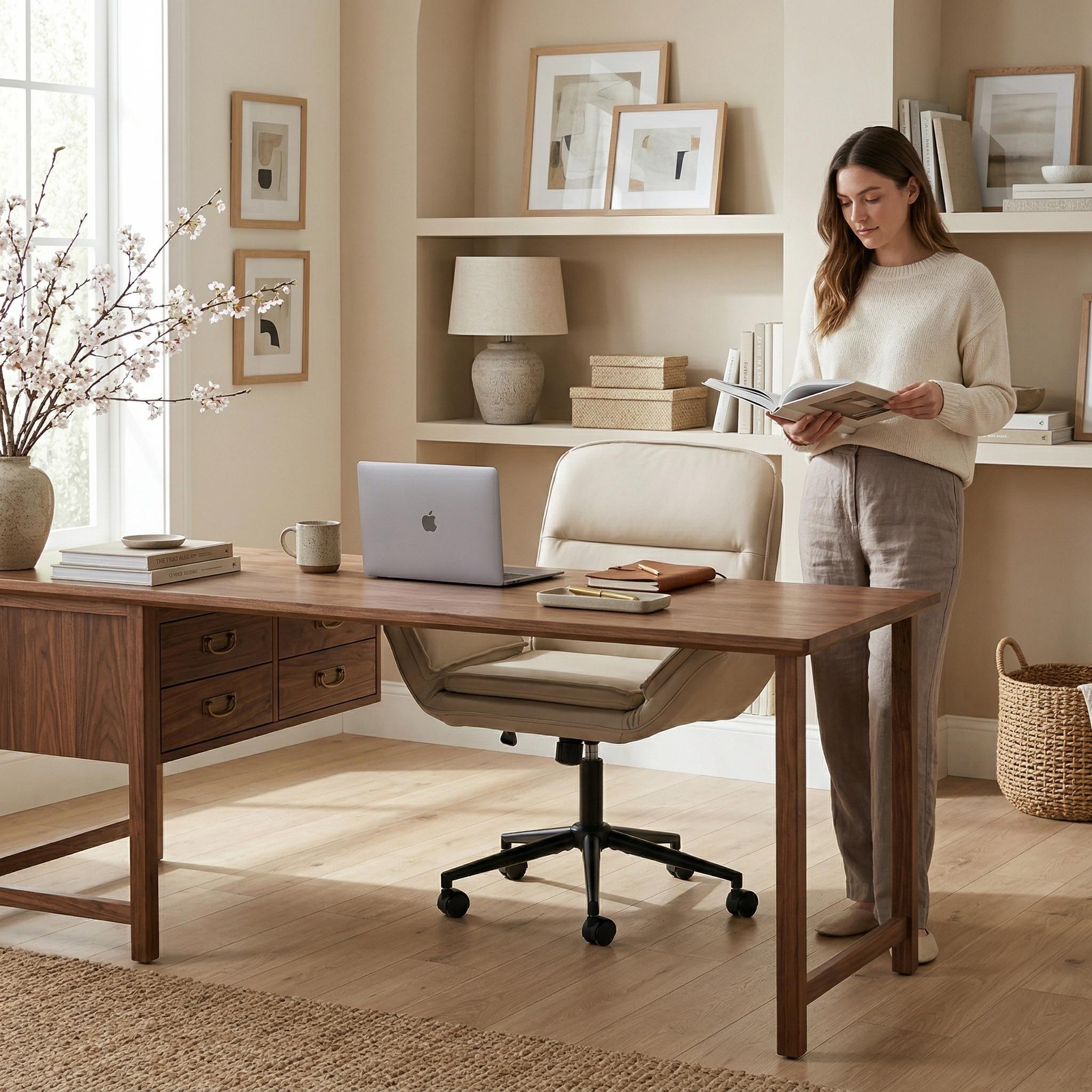 Korin PU Leather Cross-Leg Desk Chair with Adjustable Armrests