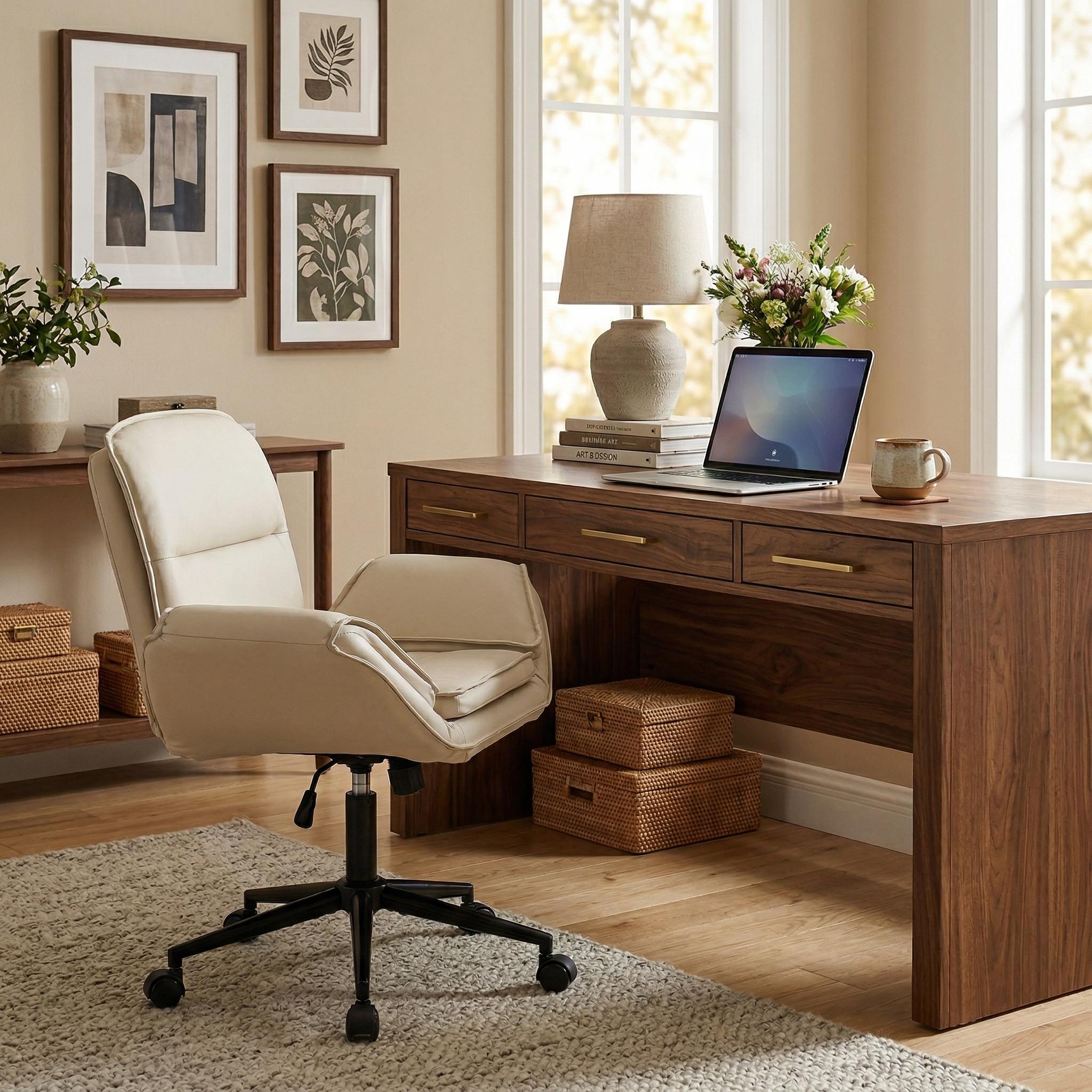 Korin PU Leather Cross-Leg Desk Chair with Adjustable Armrests