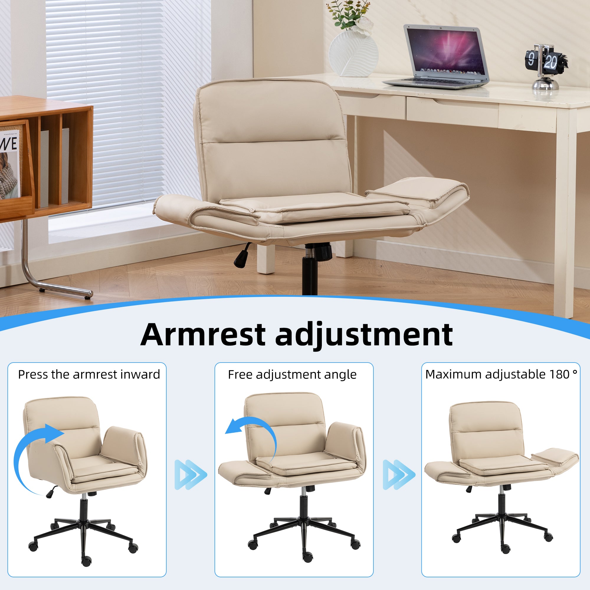 Korin PU Leather Cross-Leg Desk Chair with Adjustable Armrests