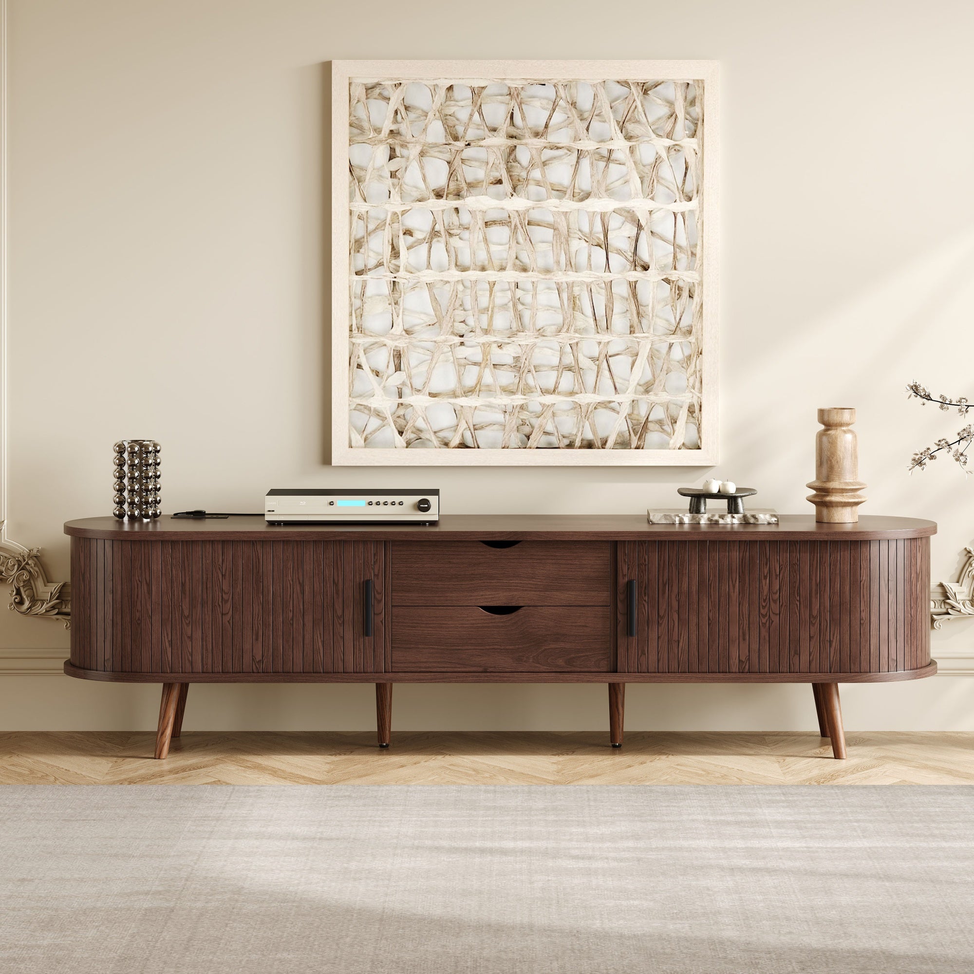 Kosice 70" Mid Century Modern TV Stand with Sliding Doors and Power Outlet