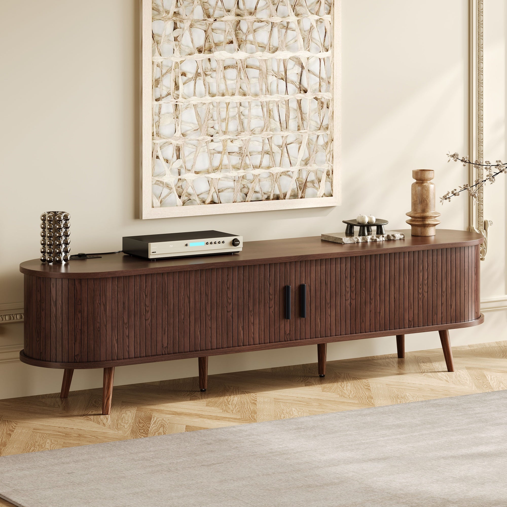 Kosice 70" Mid Century Modern TV Stand with Sliding Doors and Power Outlet
