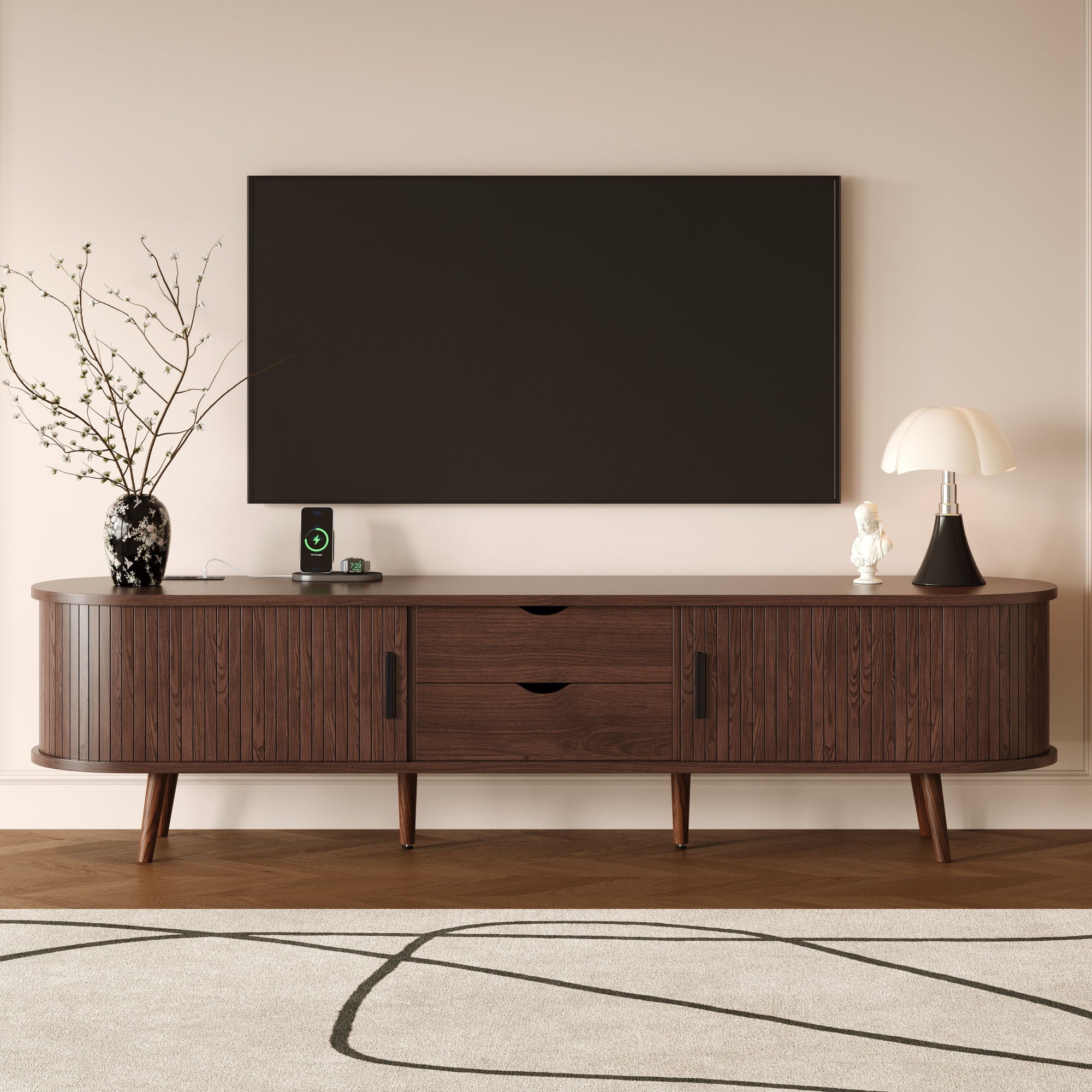 Kosice 70" Mid Century Modern TV Stand with Sliding Doors and Power Outlet