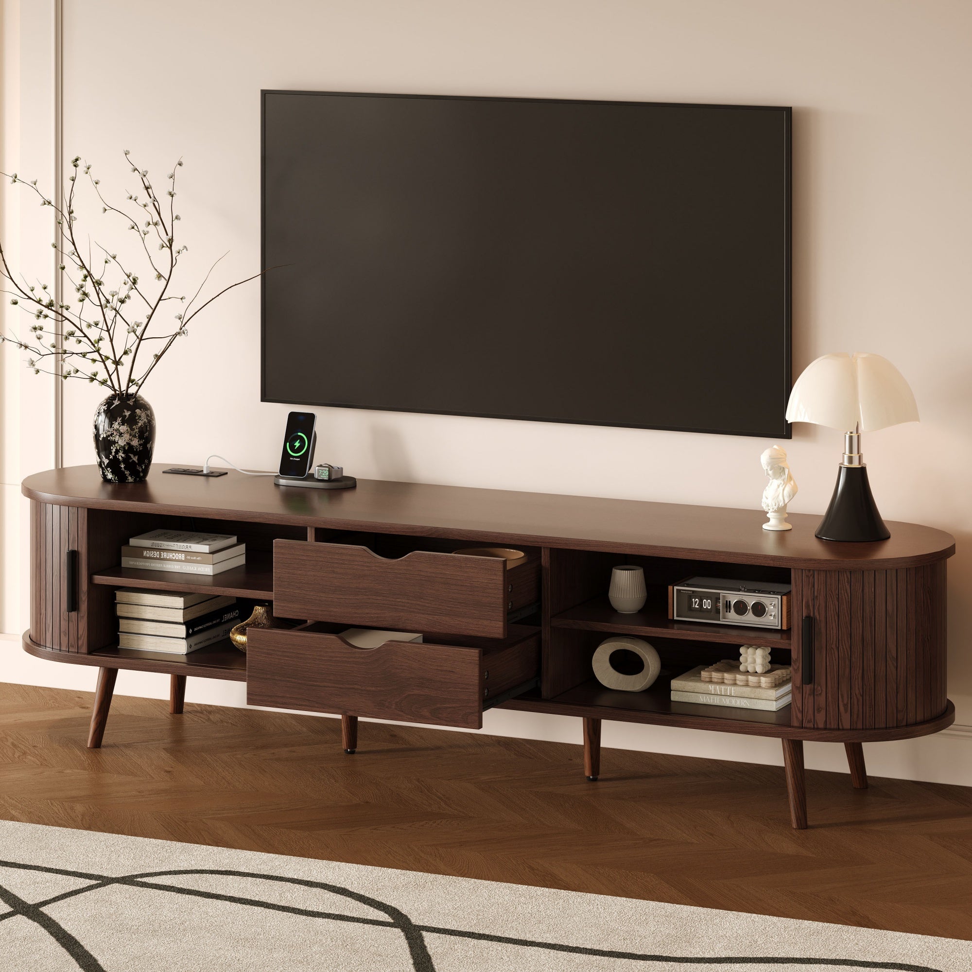 Kosice 70" Mid Century Modern TV Stand with Sliding Doors and Power Outlet