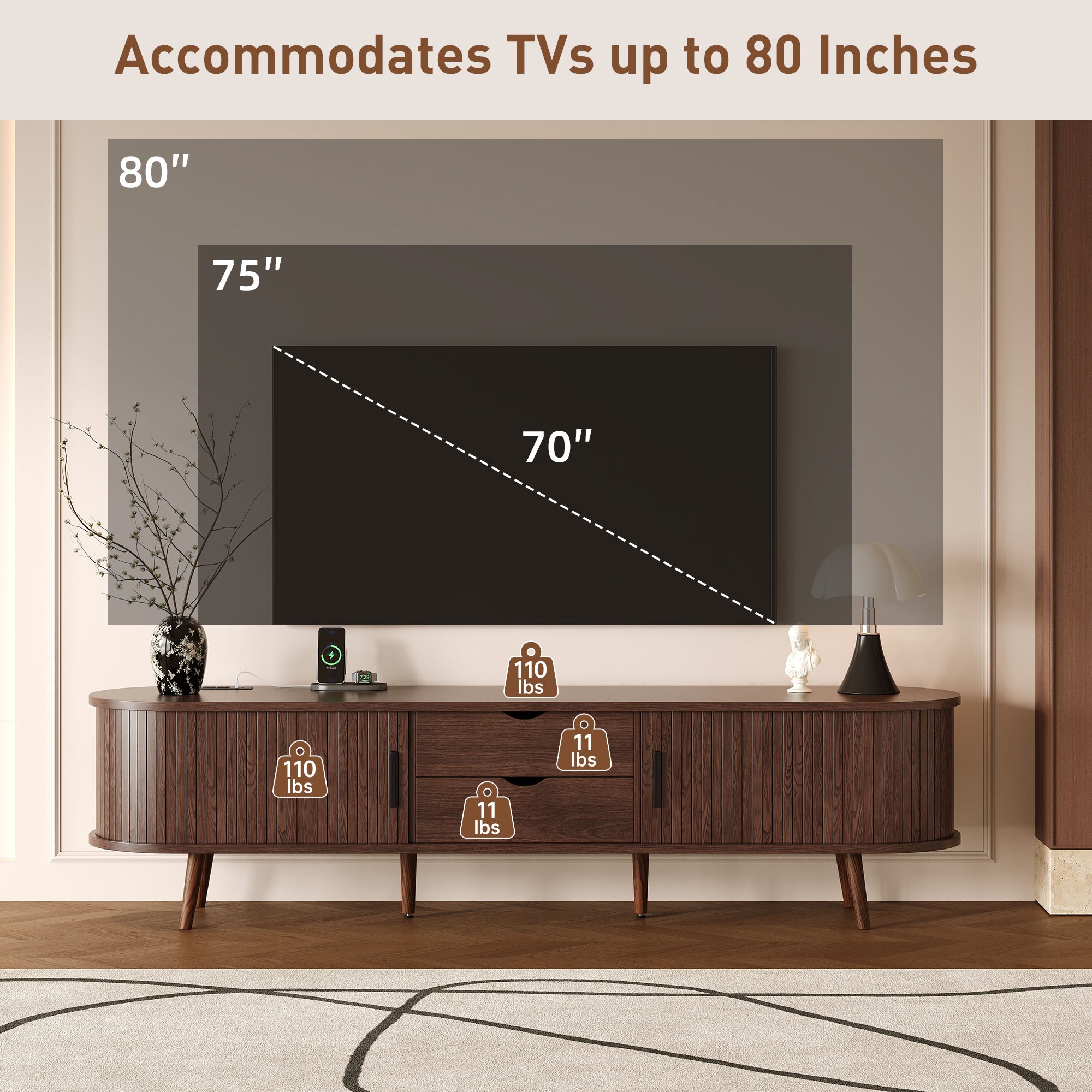 Kosice 70" Mid Century Modern TV Stand with Sliding Doors and Power Outlet