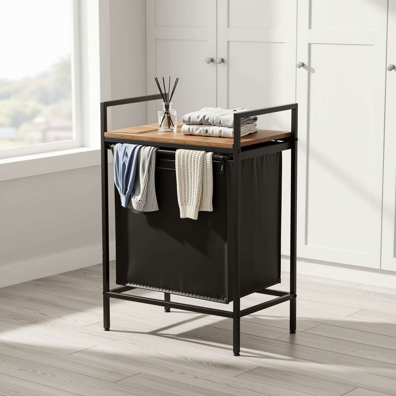 LABIN Single Laundry Hamper with Removable Bag and Rustic Wood Look Shelf, Black Steel Frame, Compact Bathroom Storage