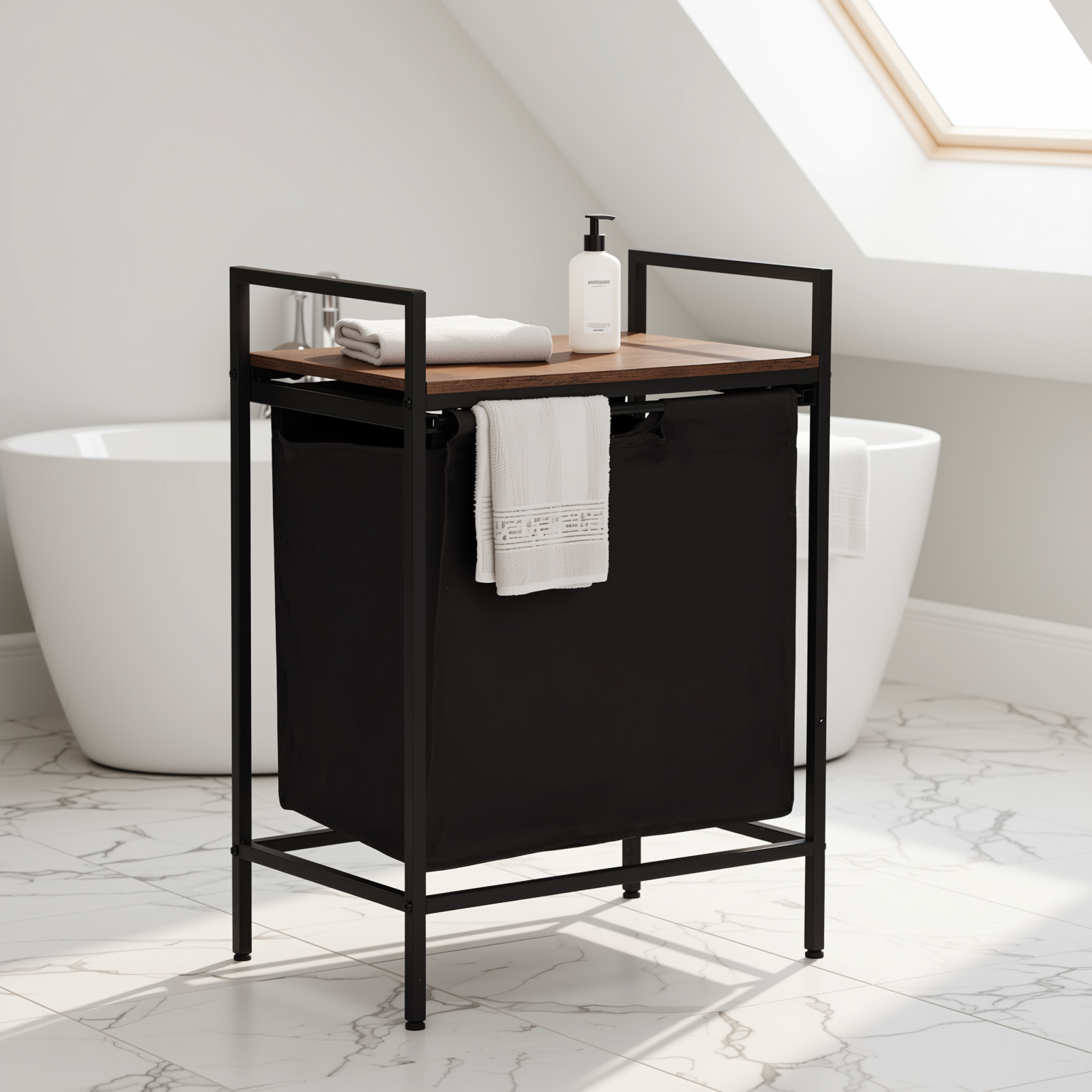 LABIN Single Laundry Hamper with Removable Bag and Rustic Wood Look Shelf, Black Steel Frame, Compact Bathroom Storage