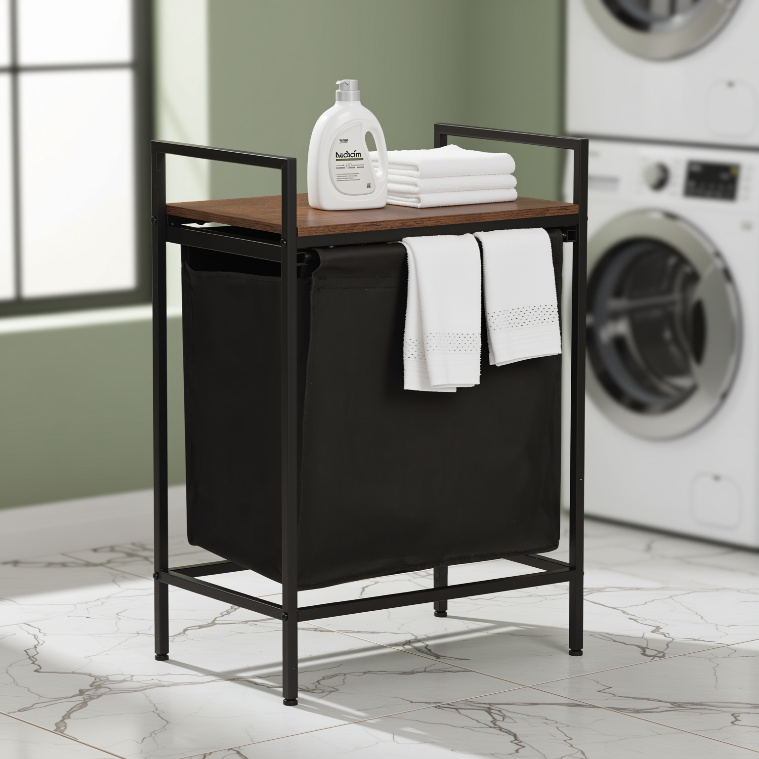 LABIN Single Laundry Hamper with Removable Bag and Rustic Wood Look Shelf, Black Steel Frame, Compact Bathroom Storage