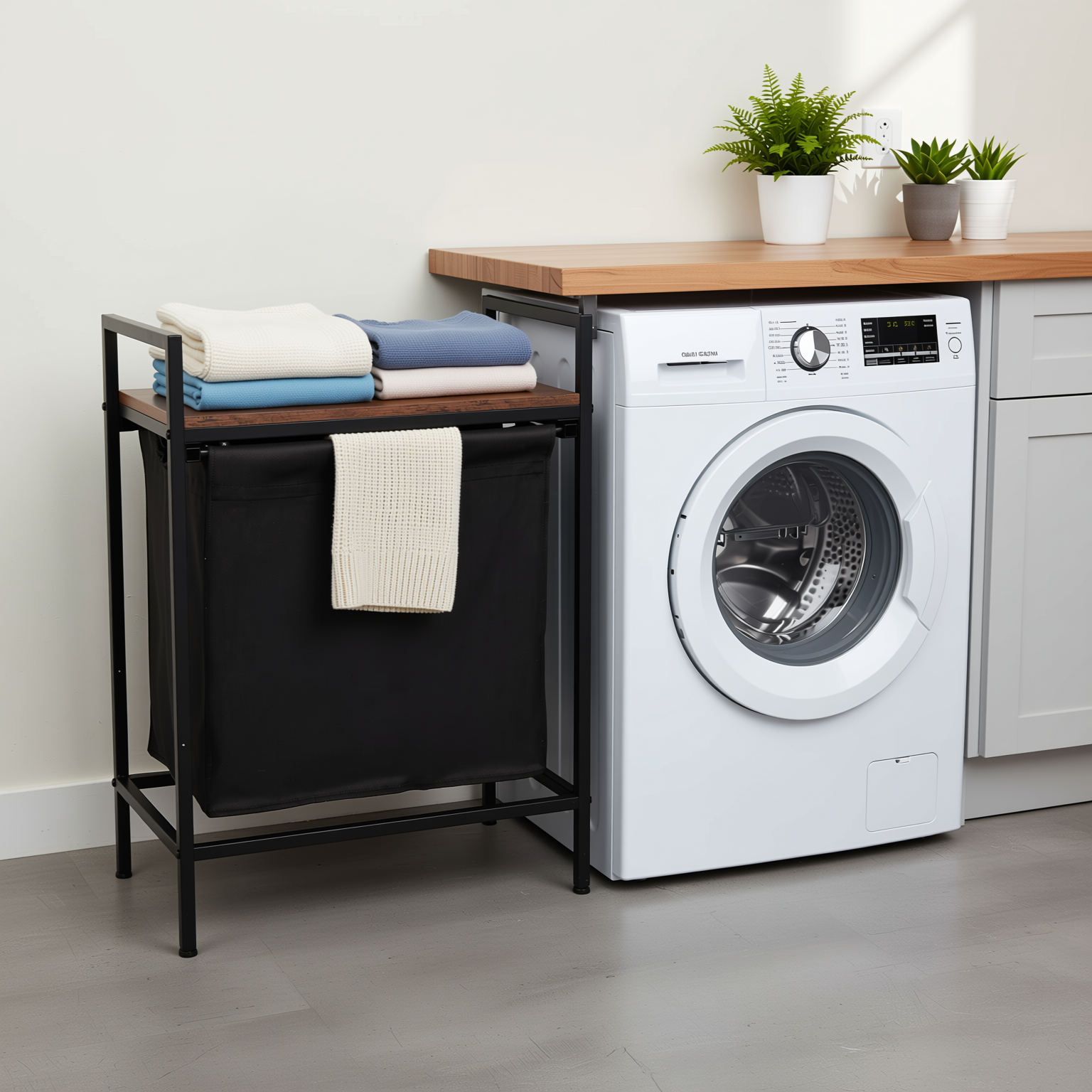 LABIN Single Laundry Hamper with Removable Bag and Rustic Wood Look Shelf, Black Steel Frame, Compact Bathroom Storage