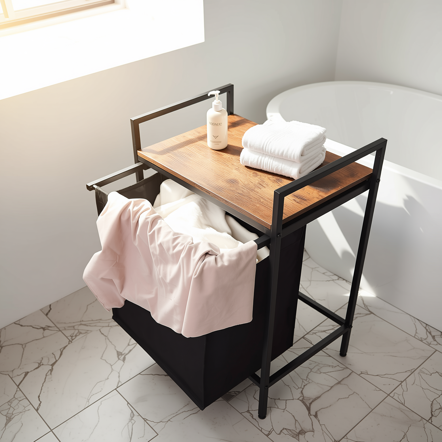 LABIN Single Laundry Hamper with Removable Bag and Rustic Wood Look Shelf, Black Steel Frame, Compact Bathroom Storage