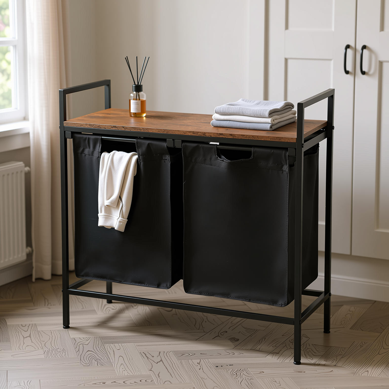 LABIN Single Laundry Hamper with Removable Bag and Rustic Wood Look Shelf, Black Steel Frame, Compact Bathroom Storage