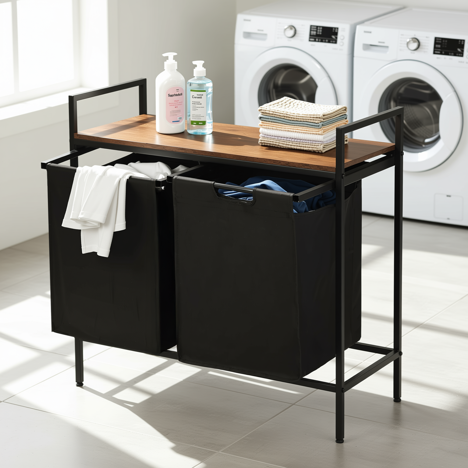 LABIN Single Laundry Hamper with Removable Bag and Rustic Wood Look Shelf, Black Steel Frame, Compact Bathroom Storage