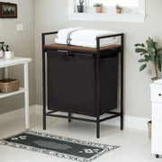 LABIN Single Laundry Hamper with Removable Bag and Rustic Wood Look Shelf, Black Steel Frame, Compact Bathroom Storage