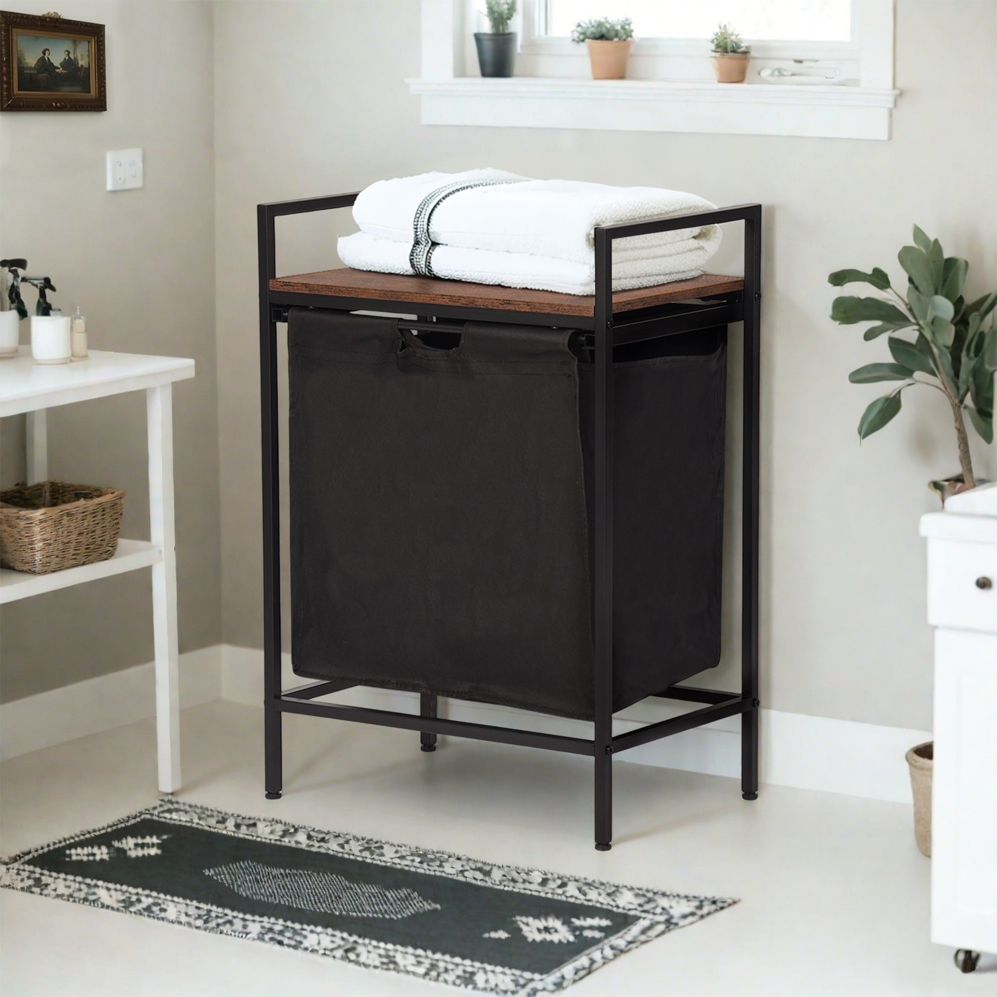 LABIN Single Laundry Hamper with Removable Bag and Rustic Wood Look Shelf, Black Steel Frame, Compact Bathroom Storage